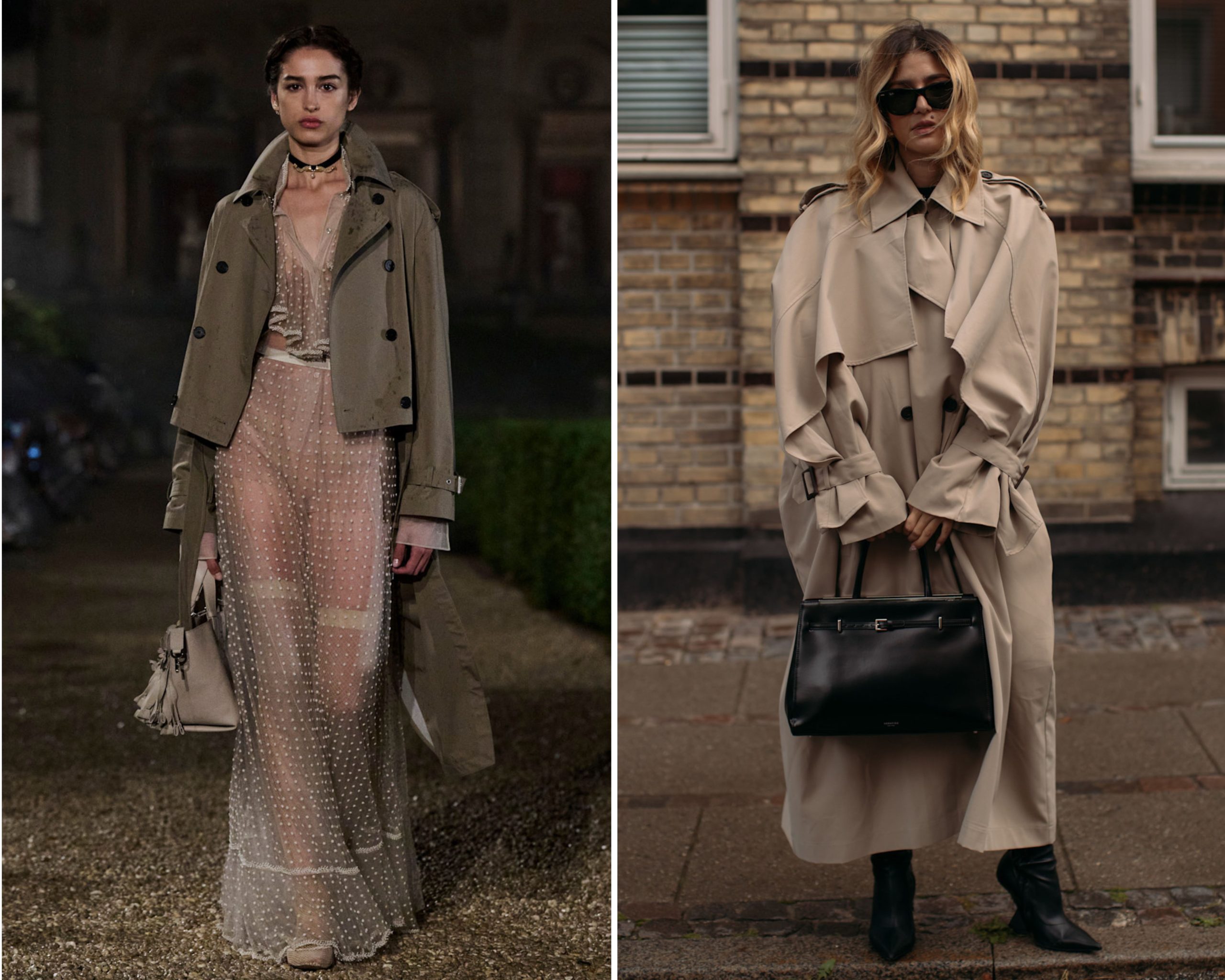 Modellen dragen twee verschillende trenchcoats.