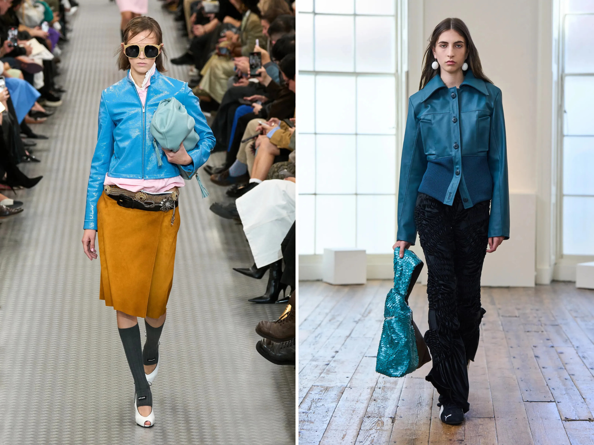 Gekleurde leren jassen op de catwalk