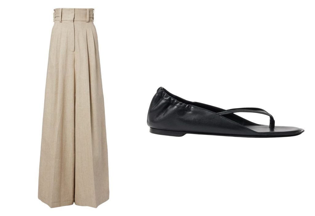 Palazzobroek van Elie Saab en sandalen van Jacquemus