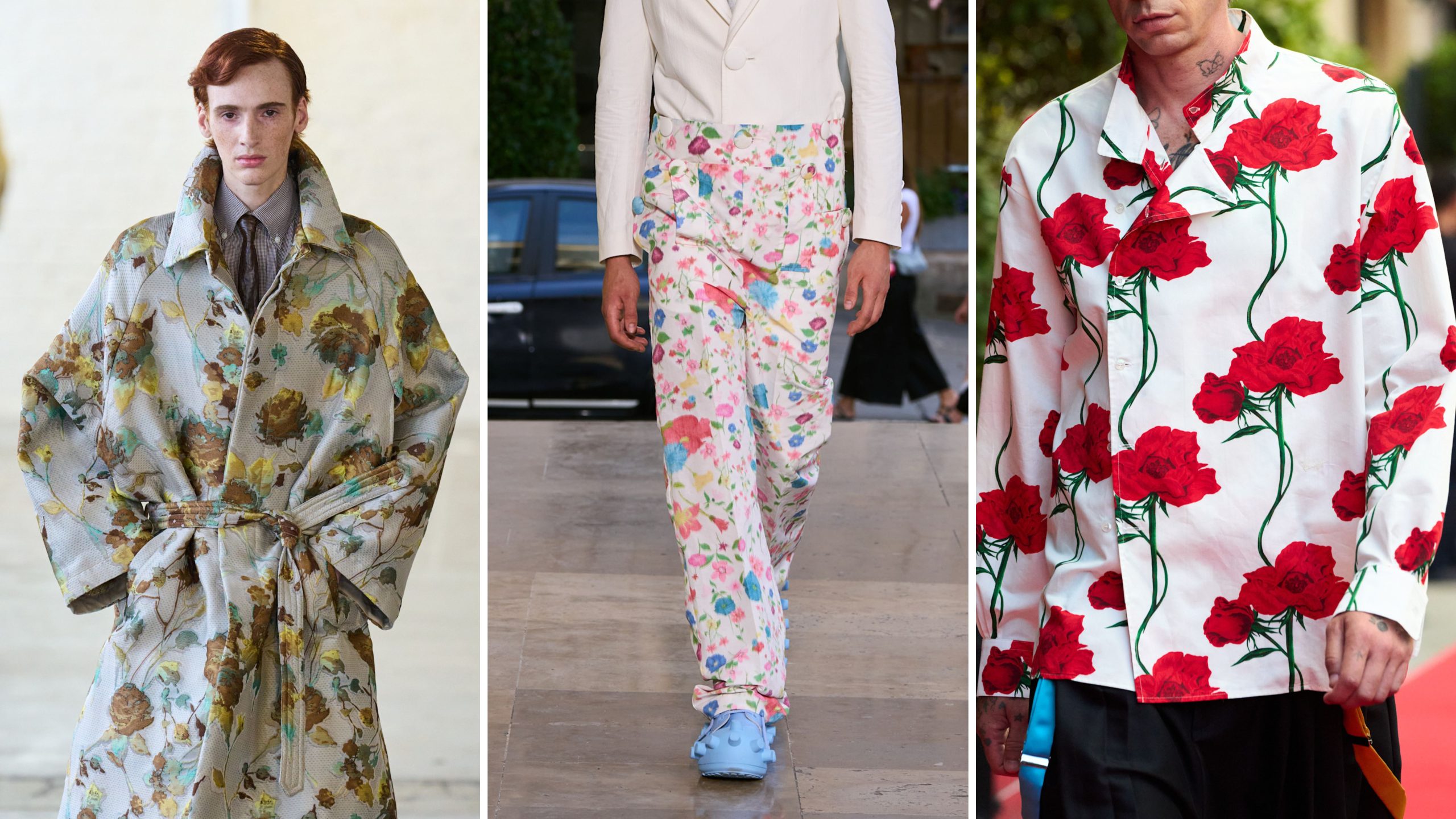 Bloemenprints op de runway. 