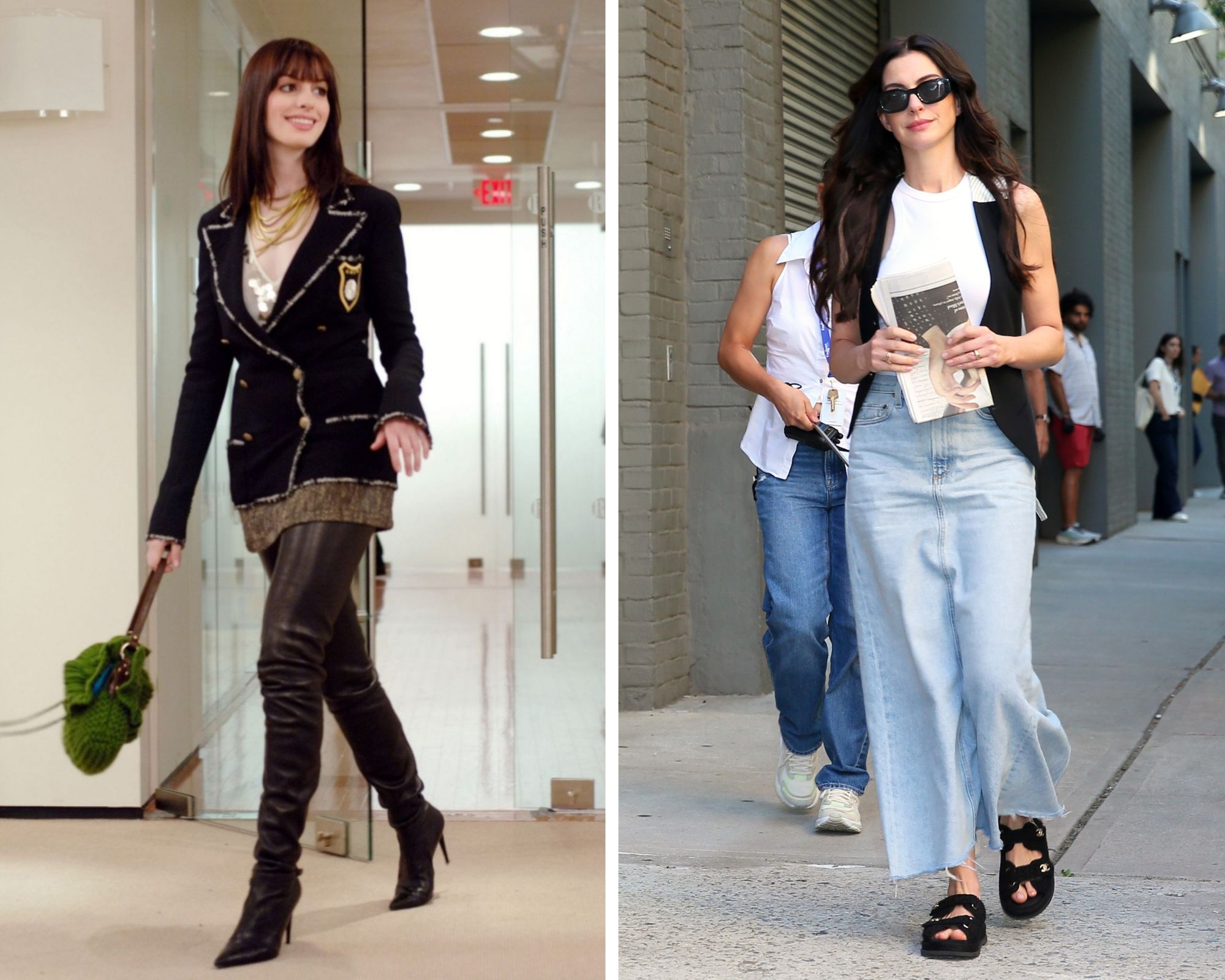 Anne Hathaway in Chanel-laarzen in The Devil Wears Prada en Anne Hathaway met Chanel-sandalen op set van The Devil Wears Prada 2