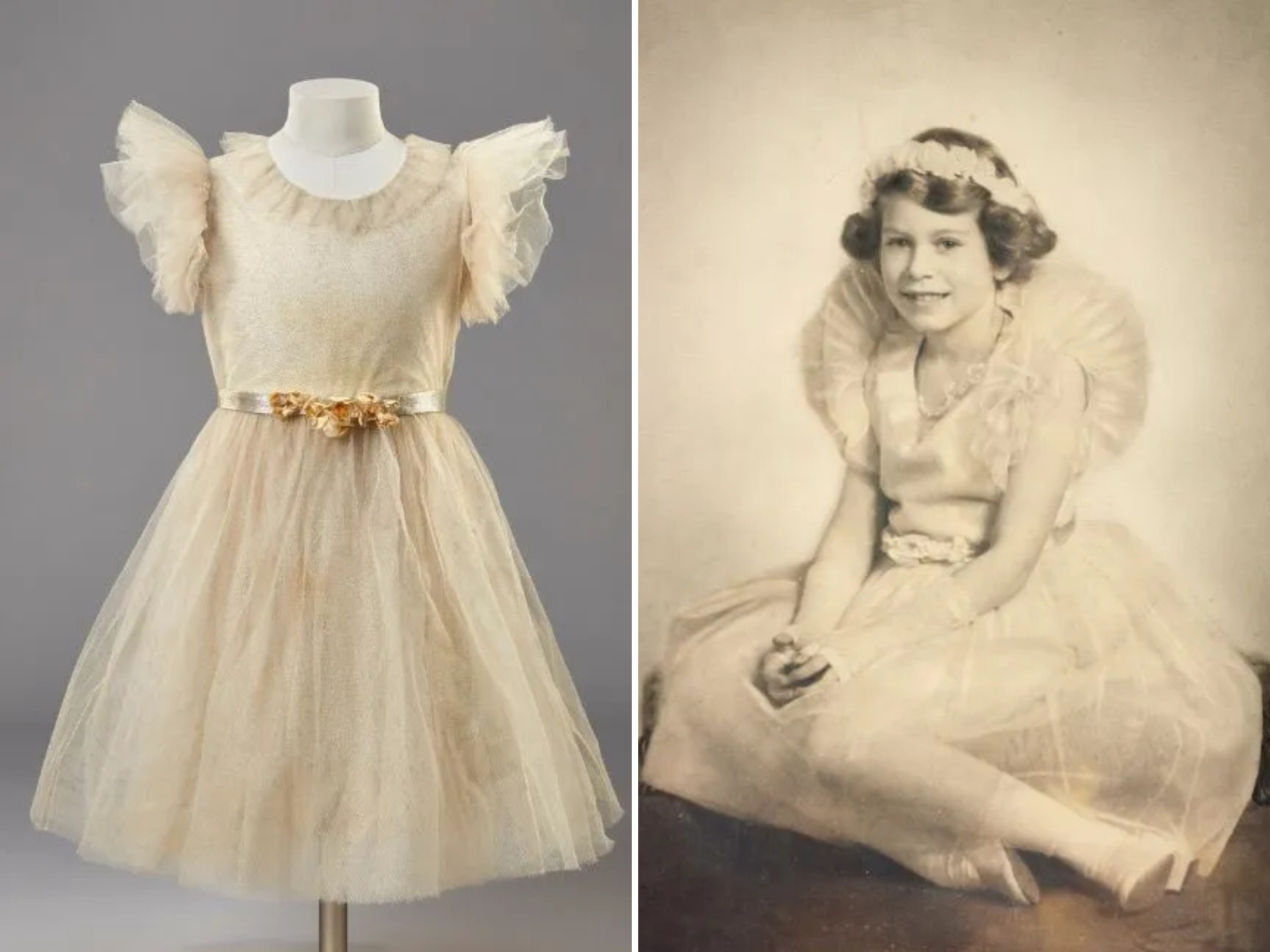 Links: Bruidsmeisjesjurk, Edward Molyneux, 1934. Rechts: Koningin Elizabeth II als prinses Elizabeth van York, Elliott & Fry, 1934, in de bruidsmeisjesjurk.
