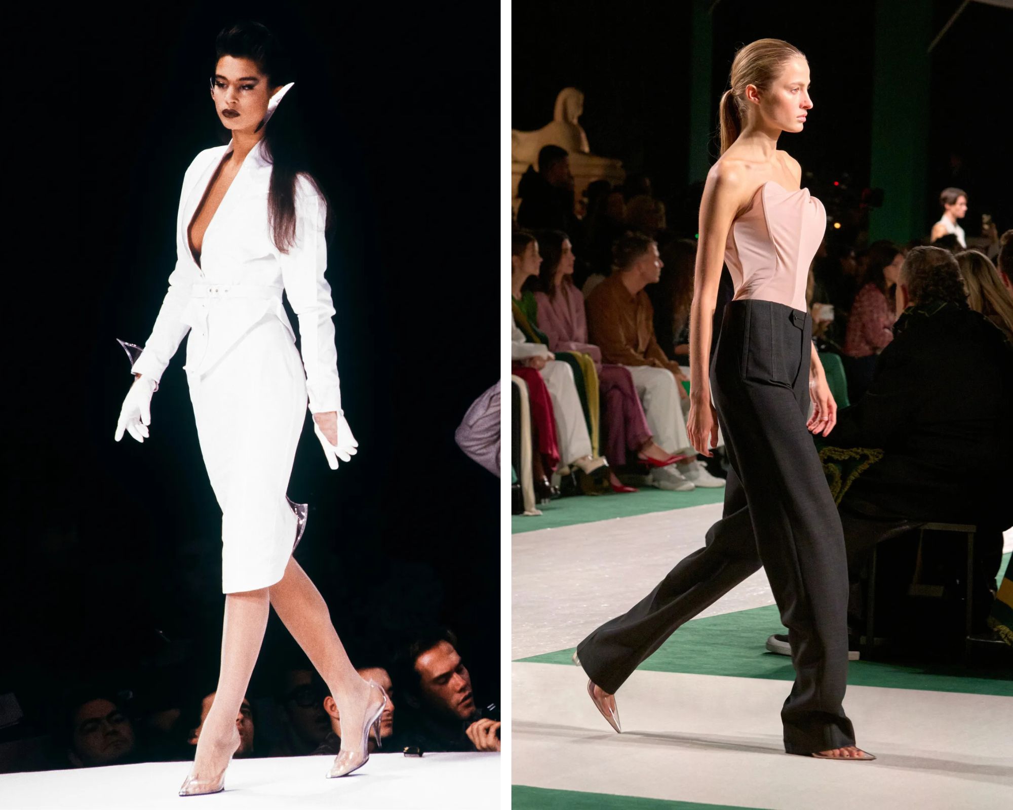 Onzichtbare hakken op de catwalk van Thierry Mugler en Victoria Beckham