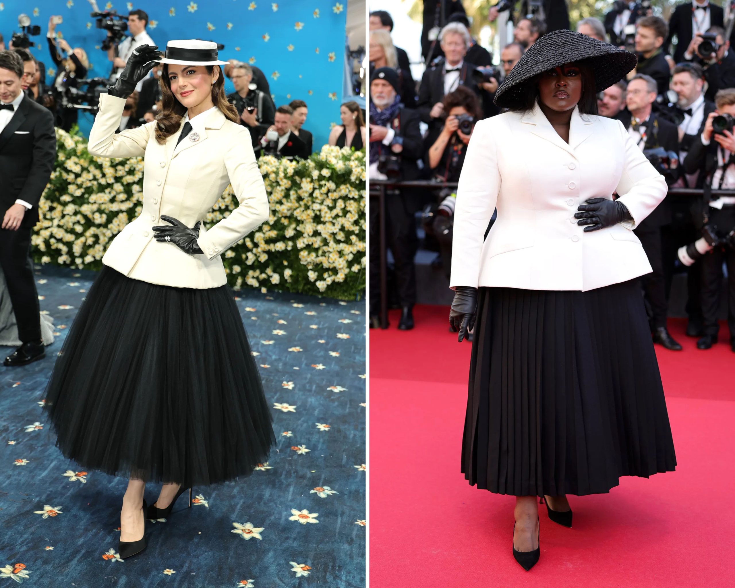 Monica Barbaro en Yseult in moderne versies van de New Look.