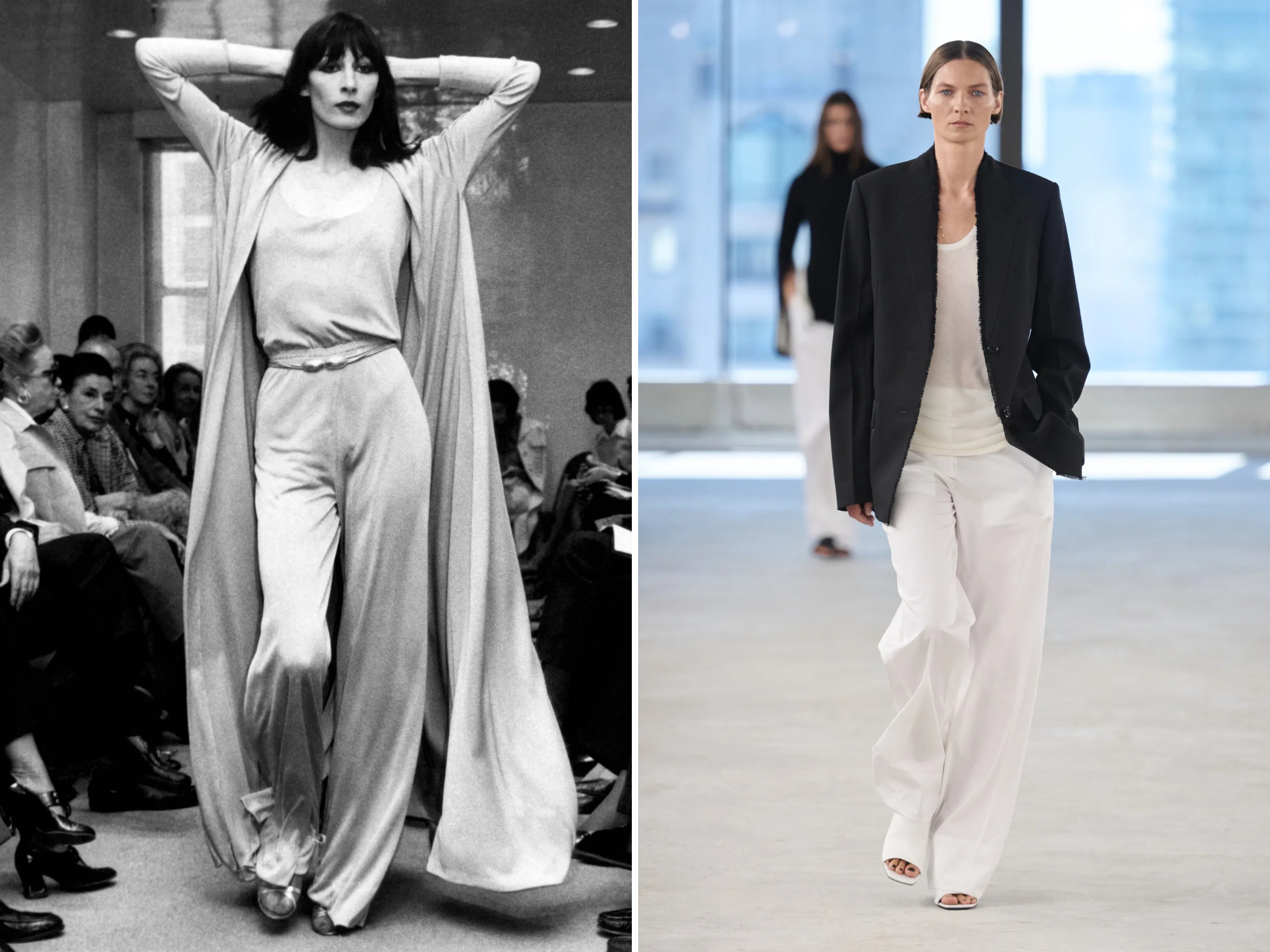 Anjelica Huston in 1972 en Toteme in 2025