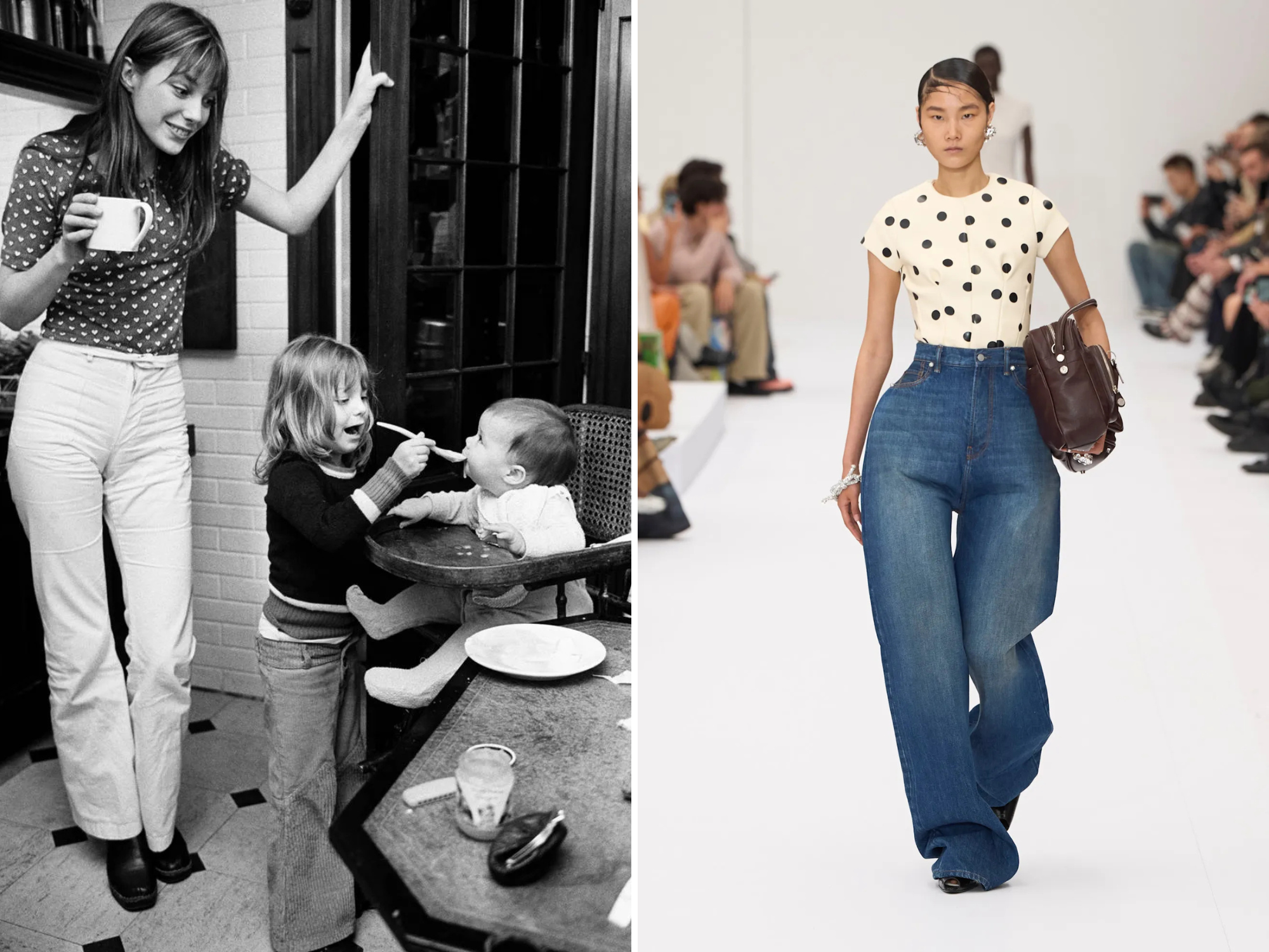 Jane Birkin in de jaren zeventig en Acne Studios in 2025