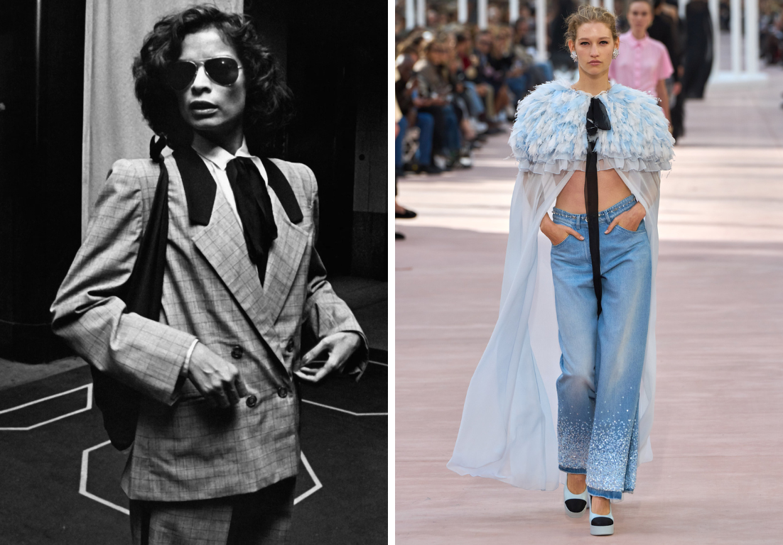 jaren 80 blouse collage met strik Bianca Jagger 1981 en lente/zomer 2025 Chanel
