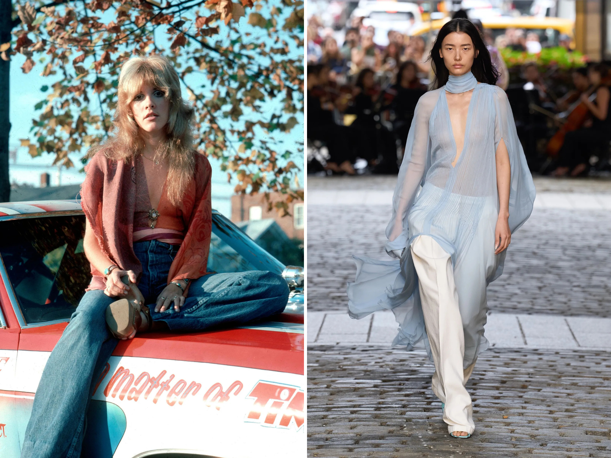 Stevie Nicks in de jaren zeventig en Prabal Gurung in 2025