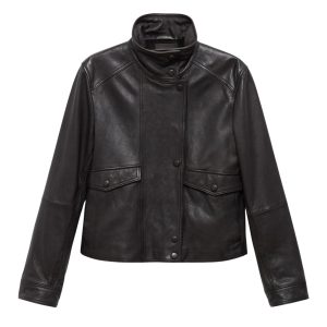 Leren jas van Mango met funnelneck