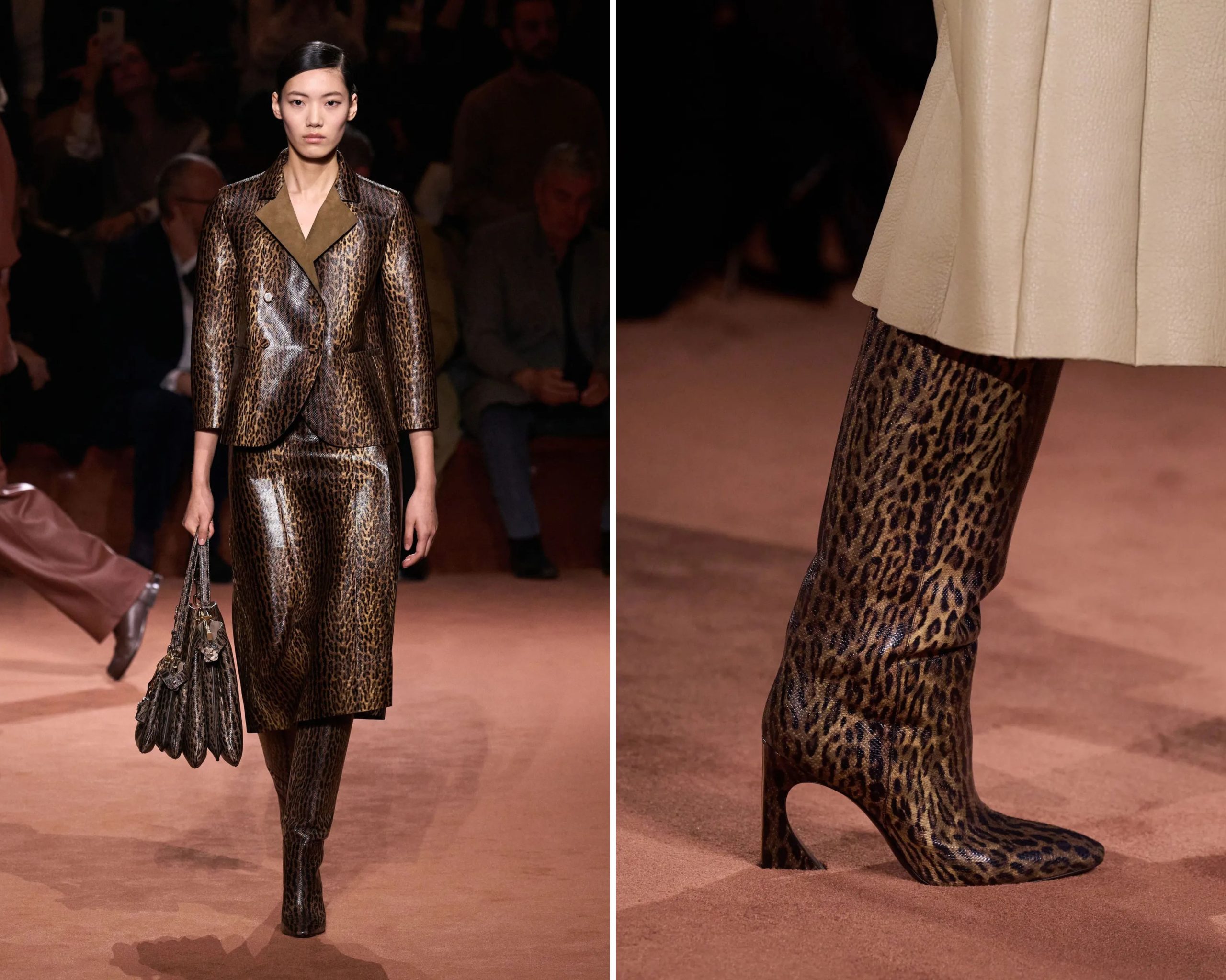 Luipaardprintlaarzen bij de runway van Fendi.