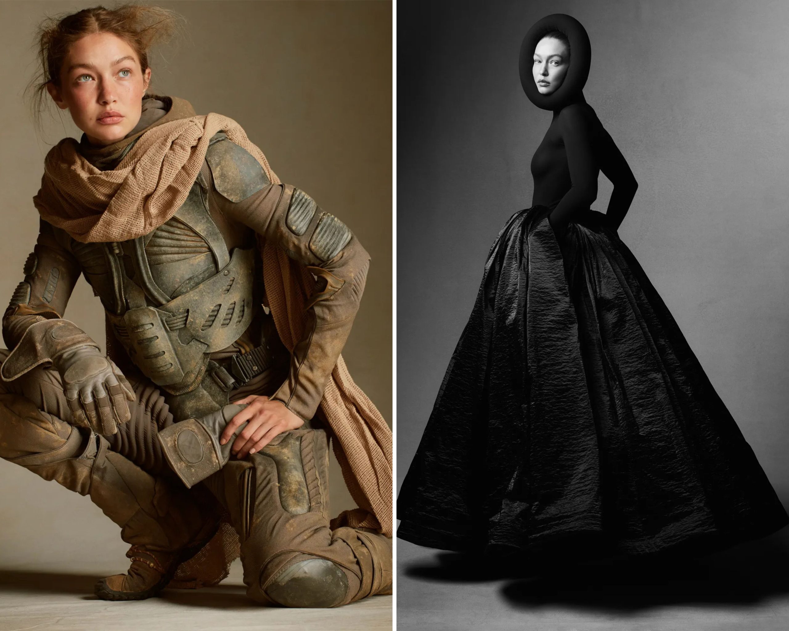 Gigi Hadid draagt kostuums geïnspireerd op 'Dune'.