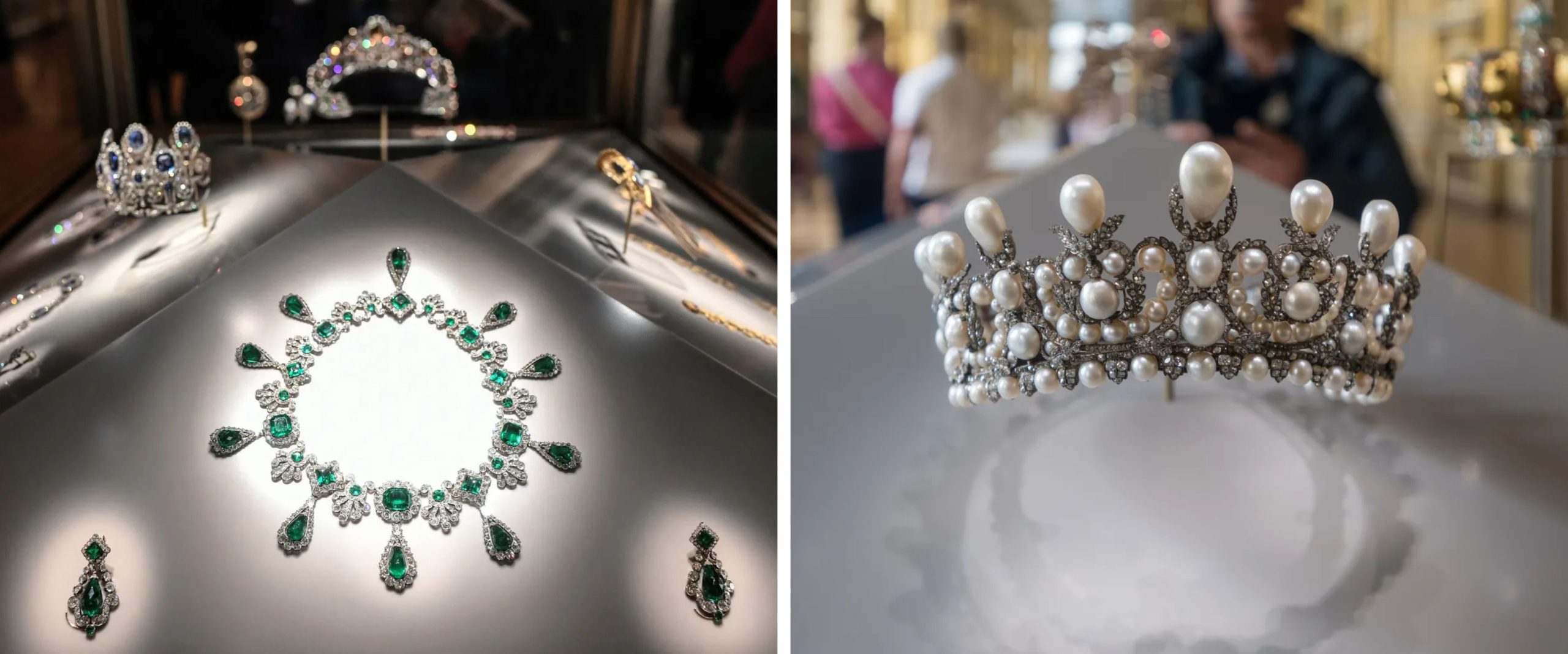 Smaragdgroene juwelen uit de collectie van keizerin Marie-Louise (links), en de tiara uit de collectie van keizerin Eugénie die door medewerkers van het Louvre werd teruggevonden (rechts).