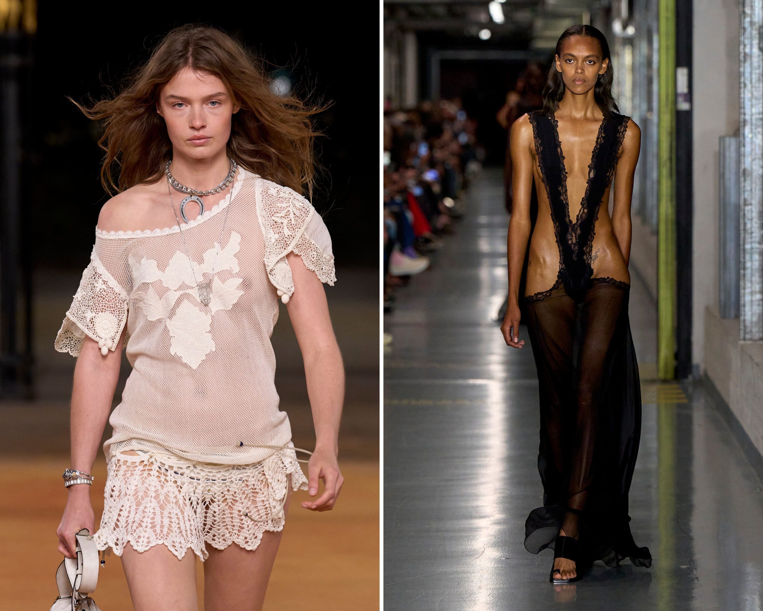 Doorschijnende kleding op de runway bij Isabel Marant en Jean Paul Gaultier lente/zomer 2026.