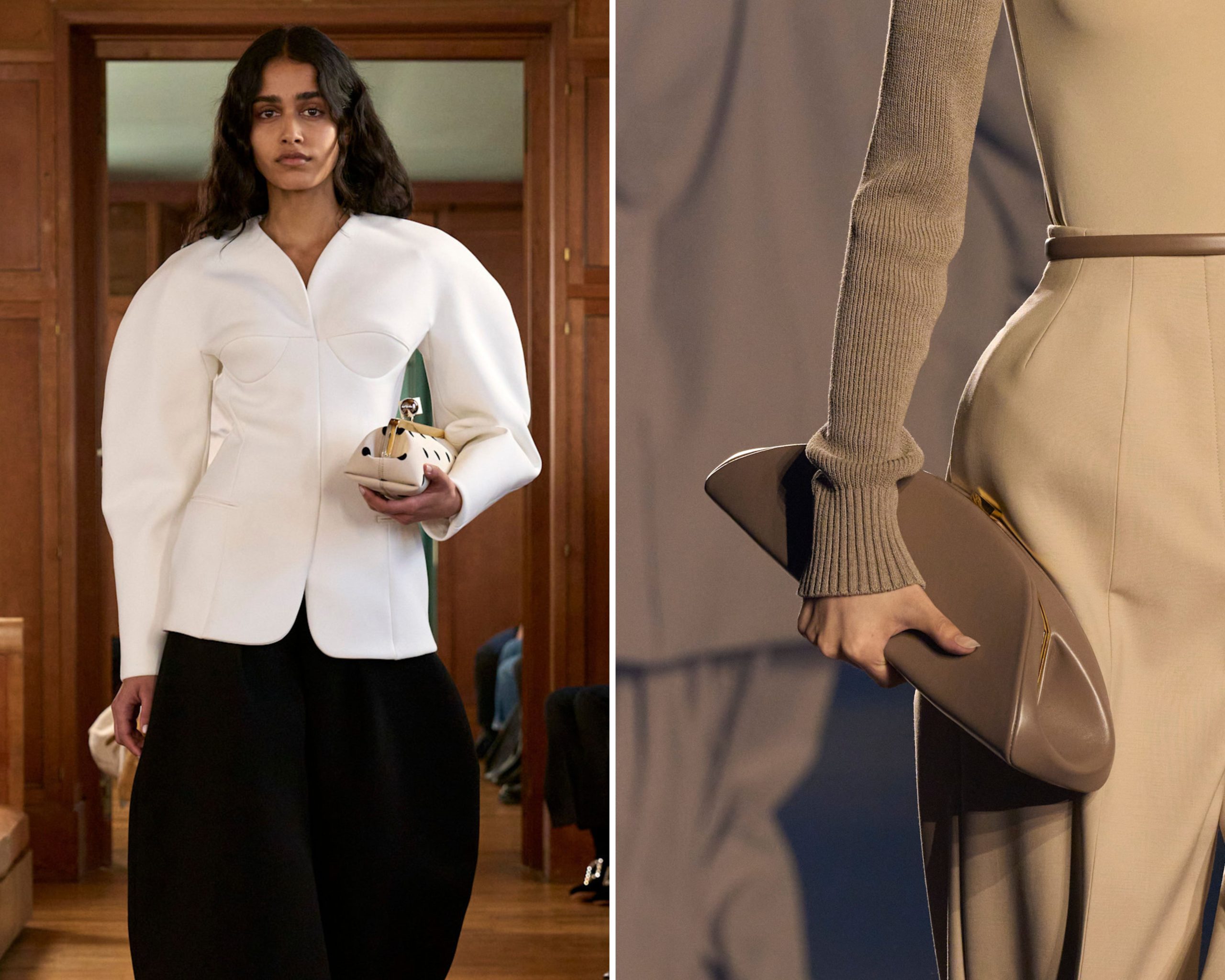 Clutches op de runway bij Jacquemus en Mugler lente/zomer 2026.