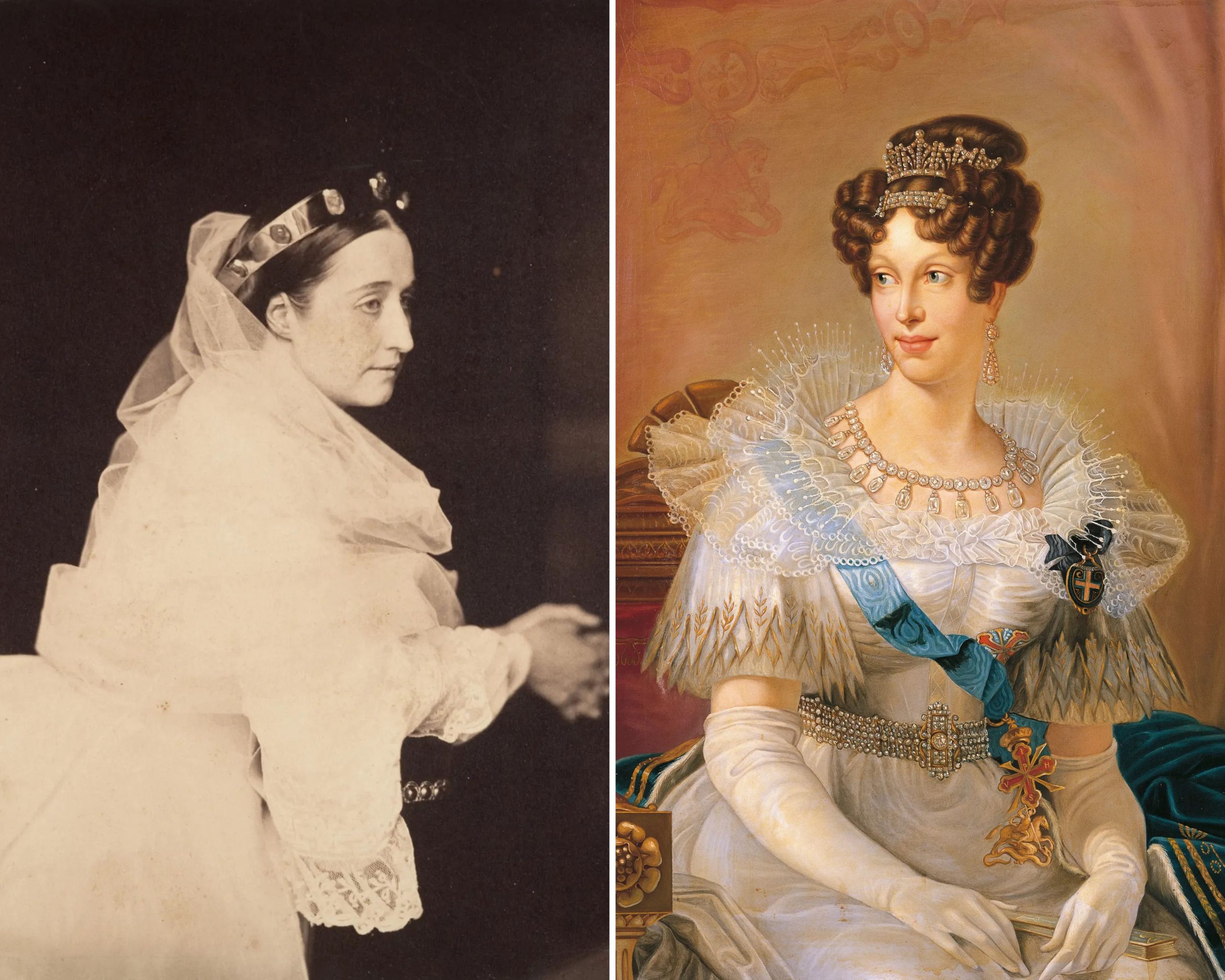 Keizerin Eugénie, 1856 (links) en een portret van Marie Louise van Oostenrijk (rechts).