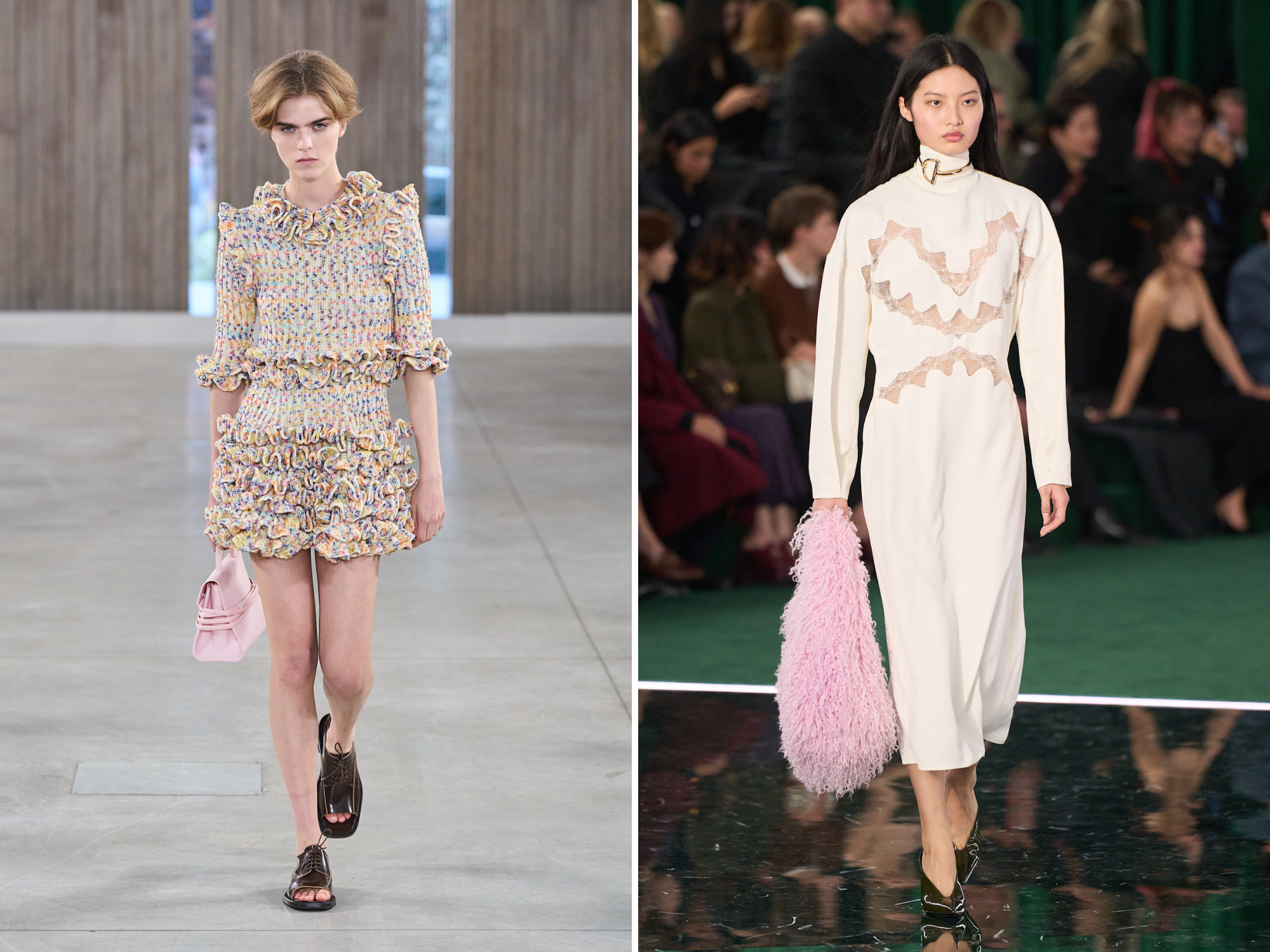 Roze tas bij Moschino lente/zomer 2026 en Gucci herfst/winter 2026