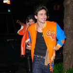 timothee chalamet draagt een oranje baseball jas in new york