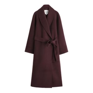 lange wollen jas met riem cos in bordeauxrood