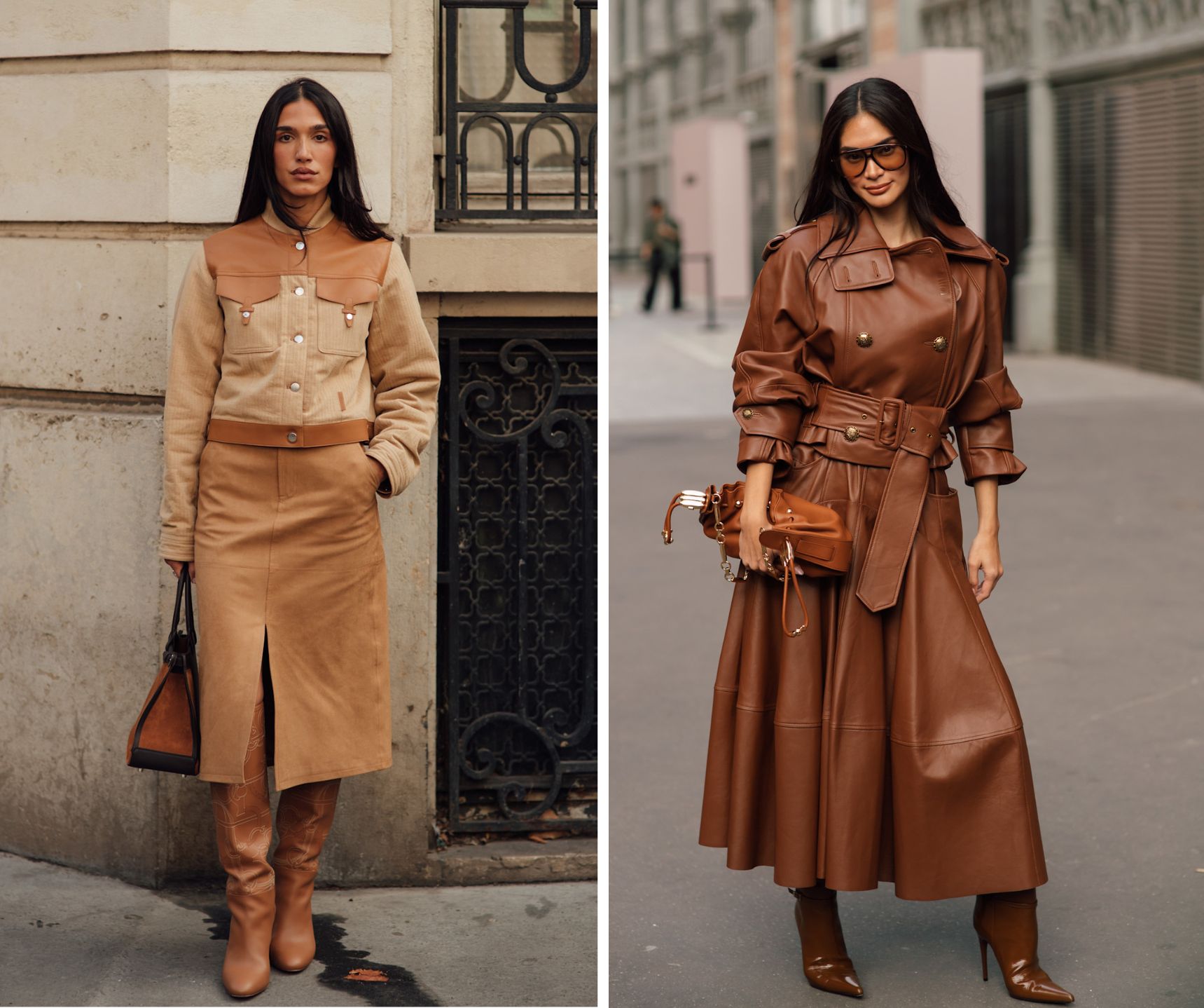 Bruine rok met bruine laarzen.