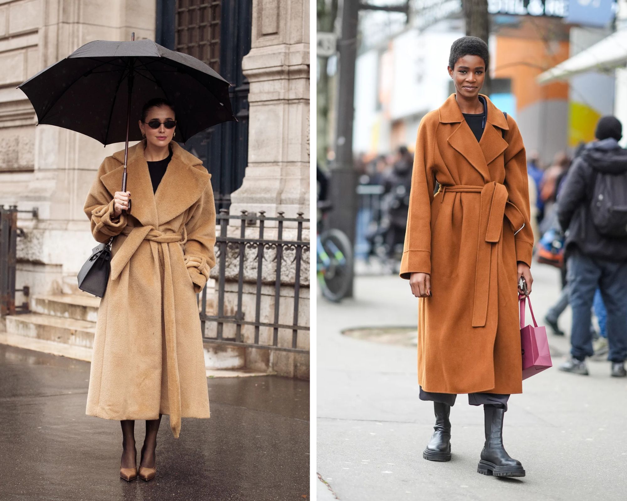 Streetstylers dragen een camelkleurige jas op verschillende manieren