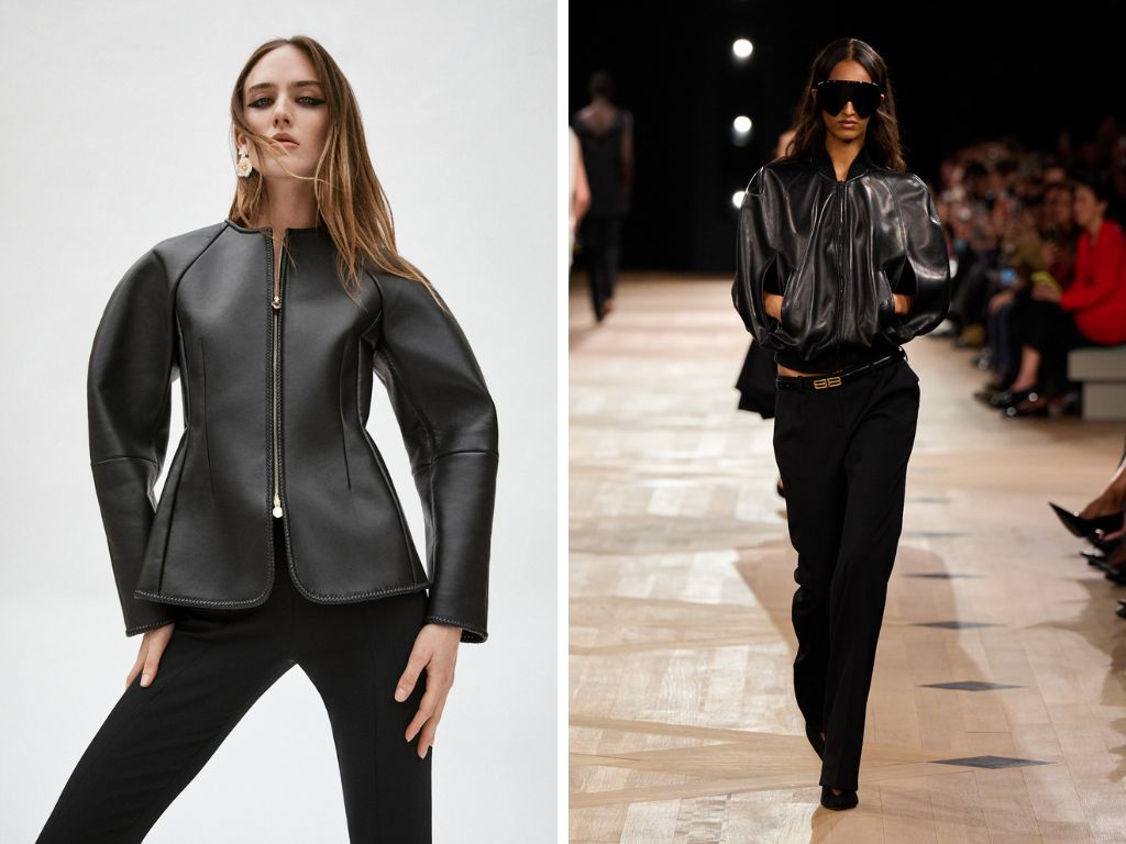 Carolina Herrera Resort 2026 en Balenciaga lente/zomer 2026 leren jas