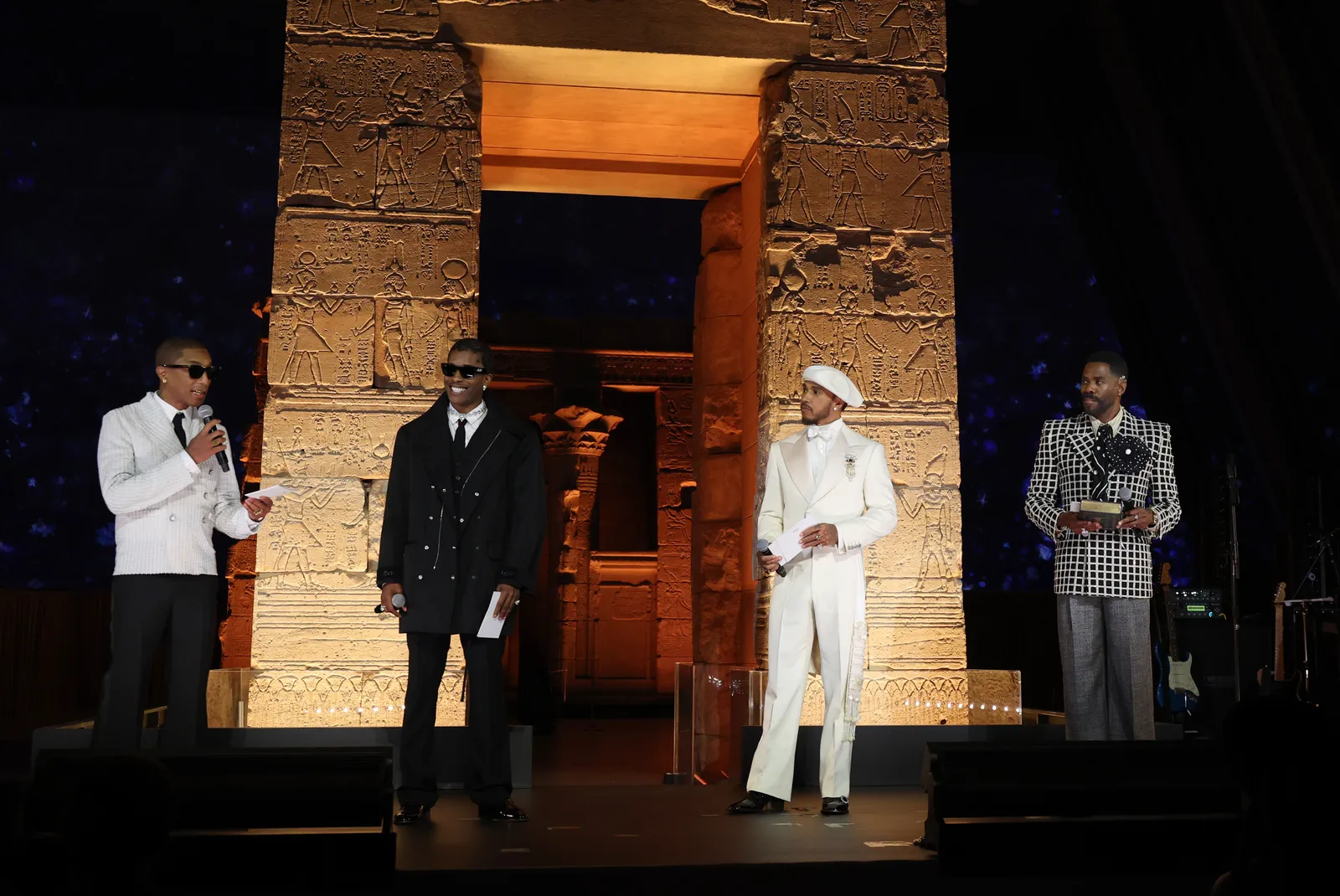 Pharrell Williams, A$AP Rocky, Lewis Hamilton en Colman Domingo op het Met Gala 2025.