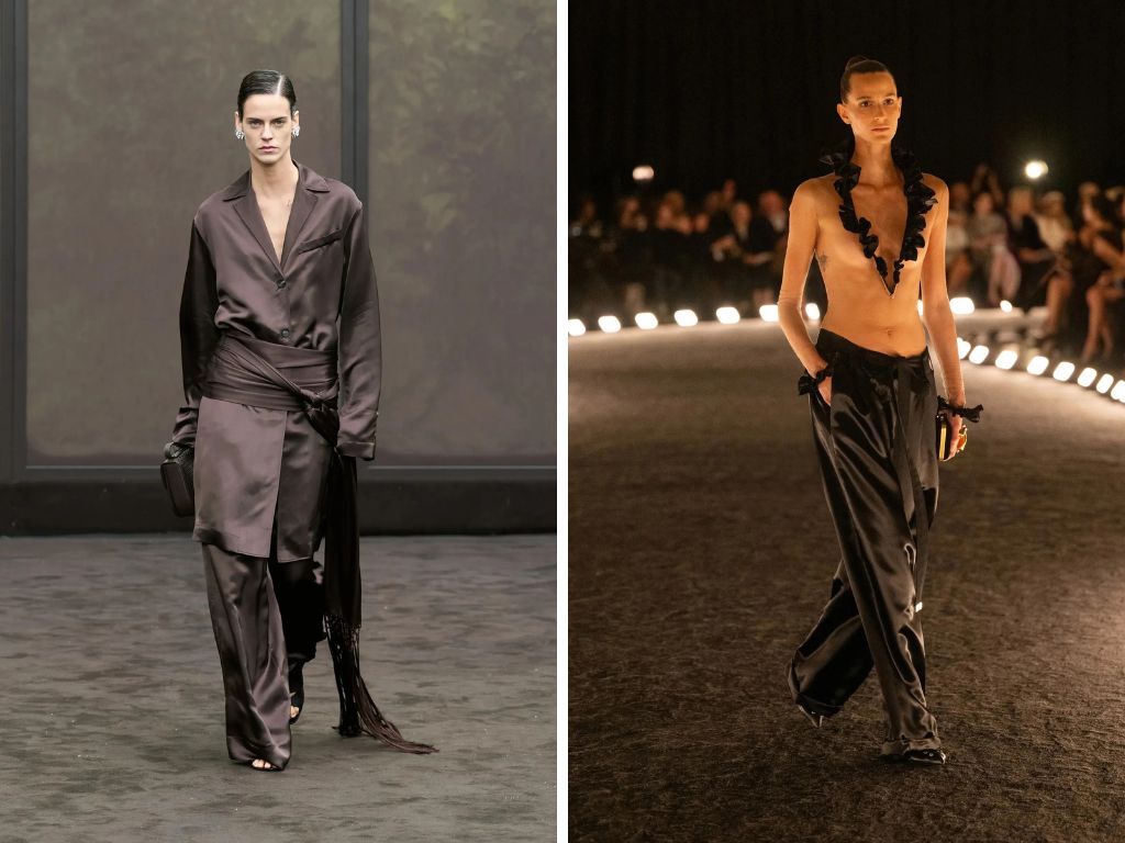 Satijnen pyjamabroeken bij Ferragamo en Schiaparelli op de runway