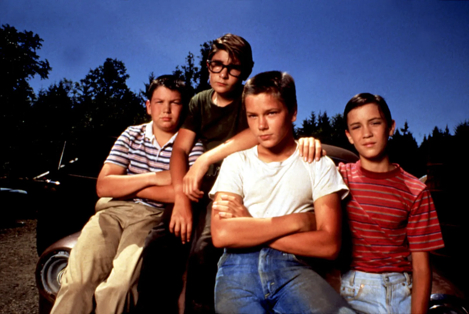 Jerry O’Connell, Corey Feldman, River Phoenix en Wil Wheaton in Reiners 'Stand By Me', 1986.