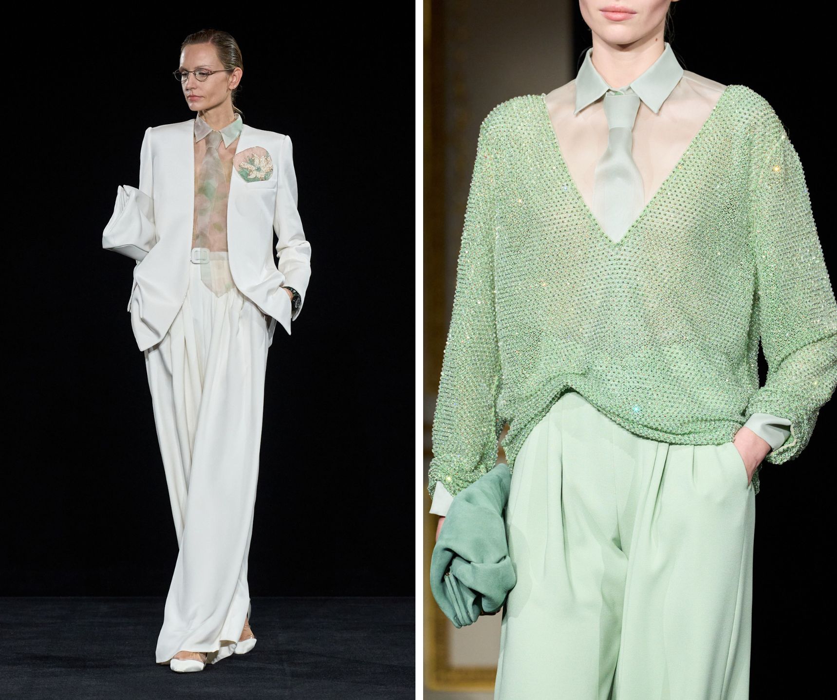 Armani Privé lente/zomer 2026 met een doorschijnend overhemd