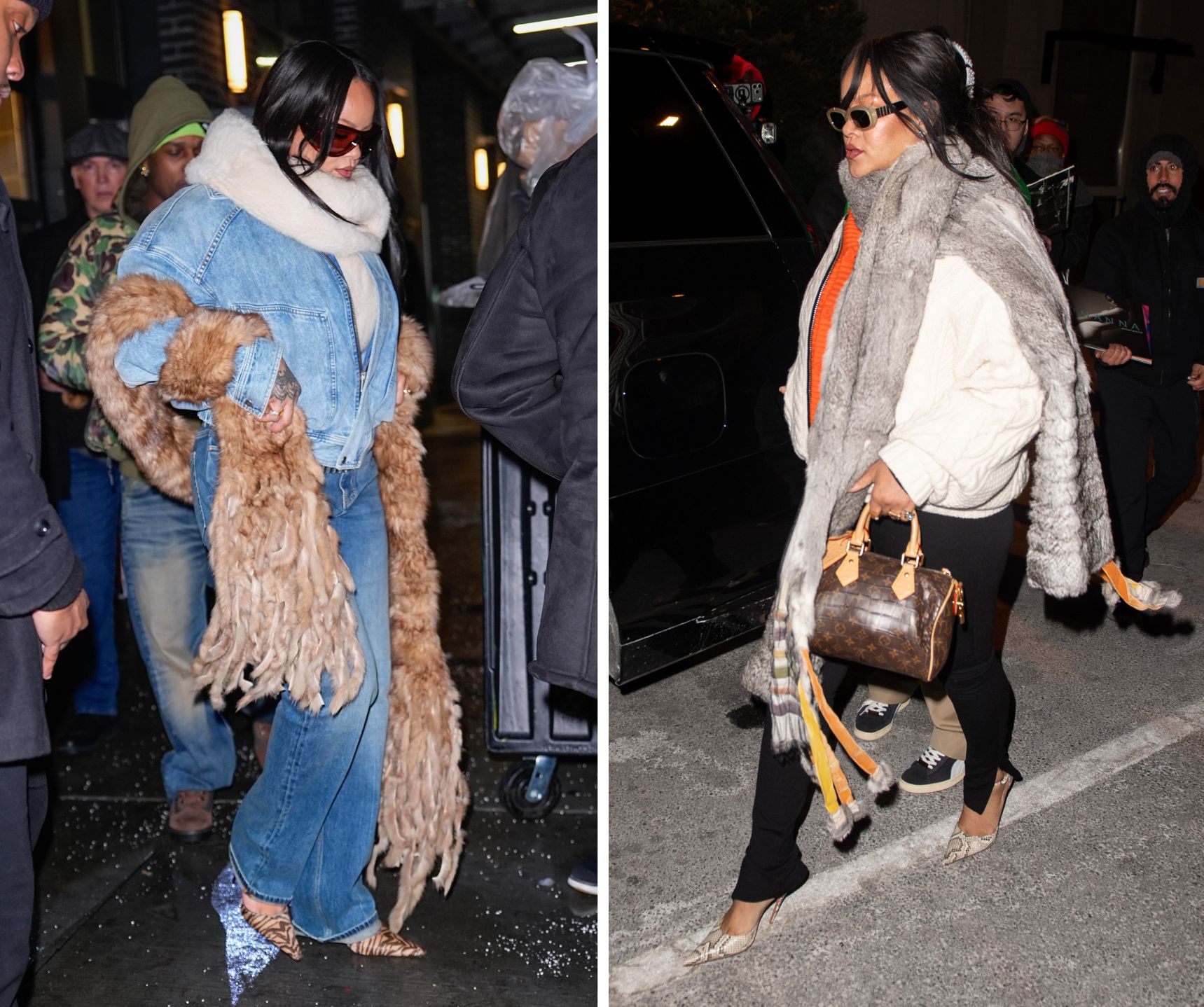 Rihanna draagt een faux fur jas.