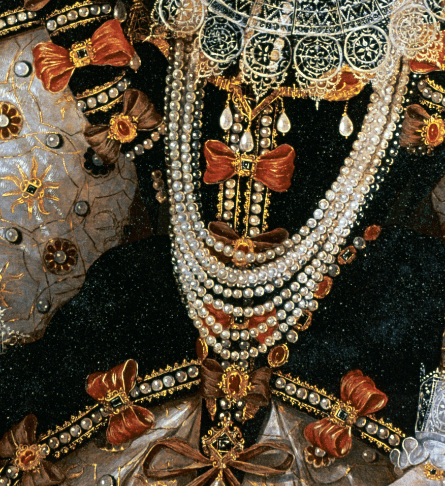 Detail uit het portret van Elizabeth I uit 1588, geschilderd door George Gower, een belangrijke referentie.