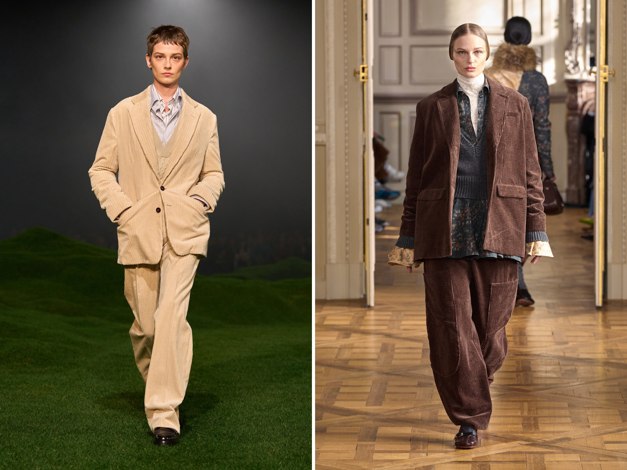 Corduroy pak bij Zegna herst/winter 2025 en Ganni herfst/winter 2025