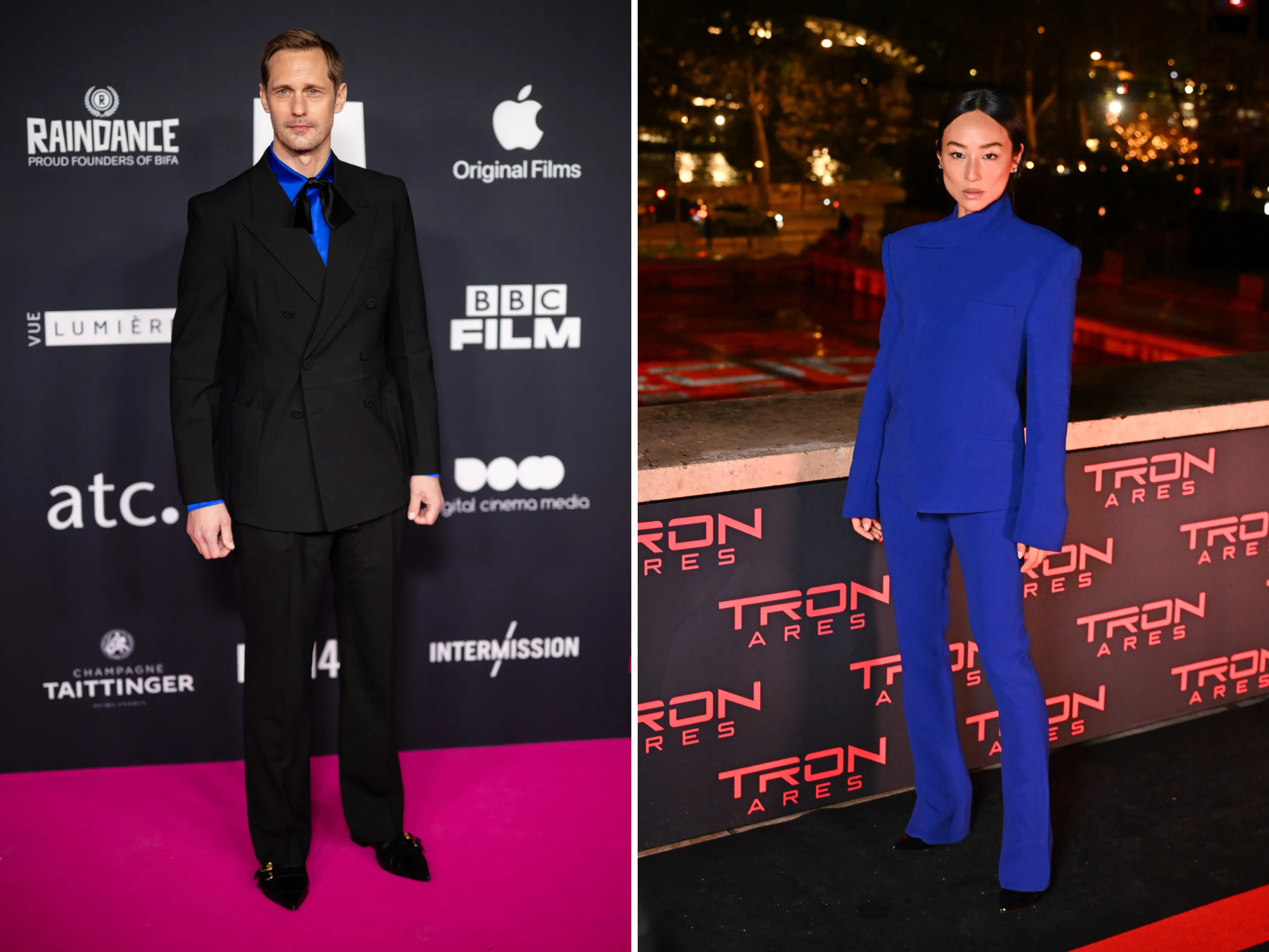 Greta Lee in Luar en Alexander Skarsgård in Valentino. Getty Images