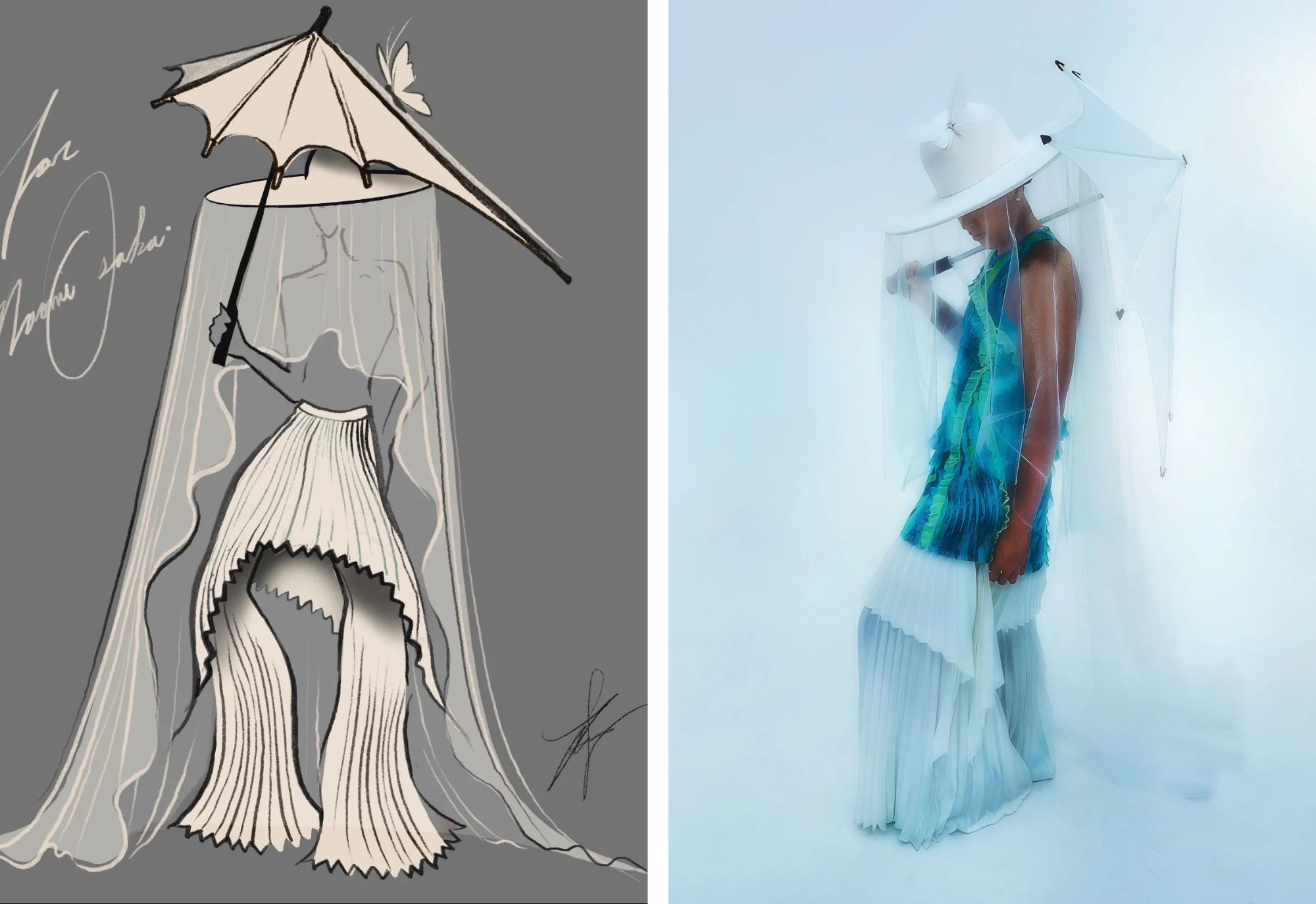 Naomi Osaka in de look van Robert Wun met de schetsen.