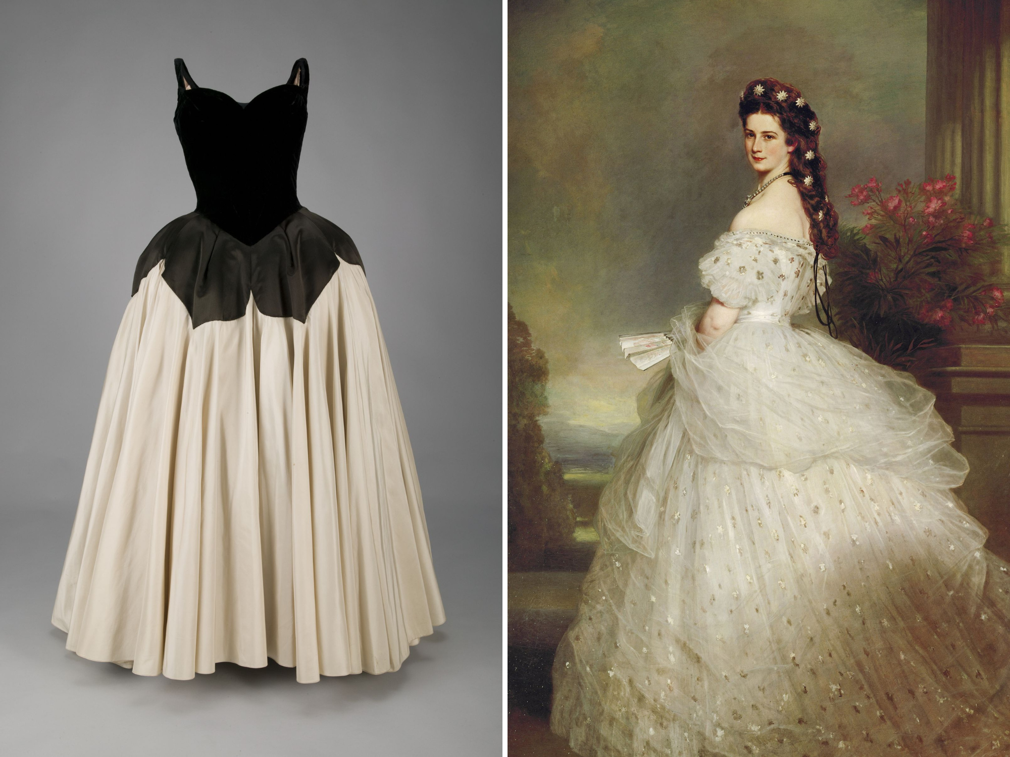 De Petal-jurk van Charles James uit 1951, die op Durrans moodboard stond bij het ontwerpen van Cathy’s trouwjurk. Ook op het moodboard: het portret van Sissi, keizerin Elisabeth van Oostenrijk, geschilderd door Franz Xaver Winterhalter in 1865.
