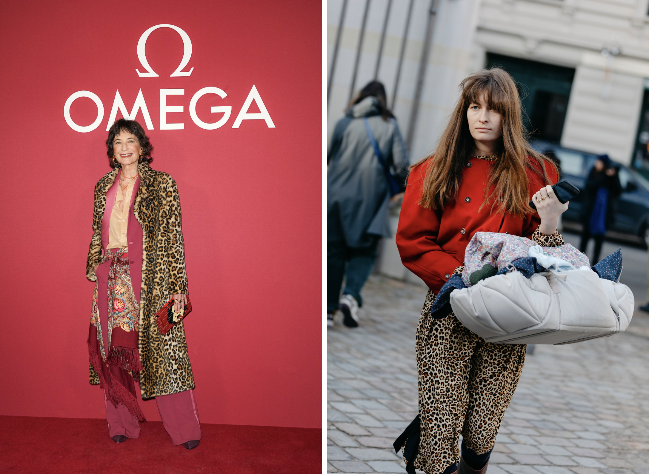 Volledige panter met rood-looks bij Umberta Zambeletti (links) en in de streetstyle