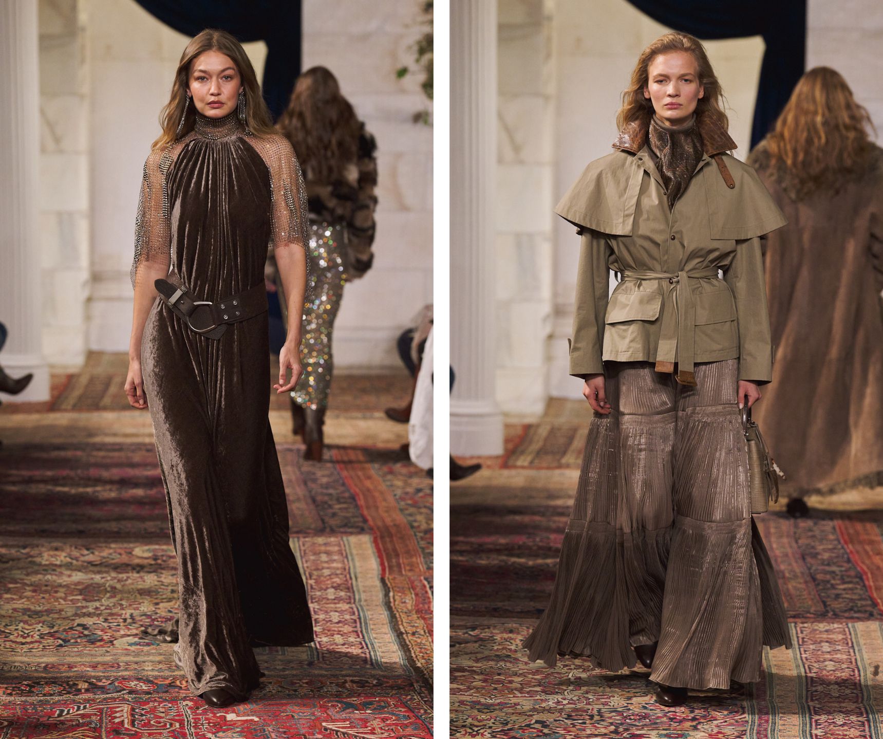 Gigi Hadid en Caitlin Soetendal bij Ralph Lauren herfst/winter 2026.