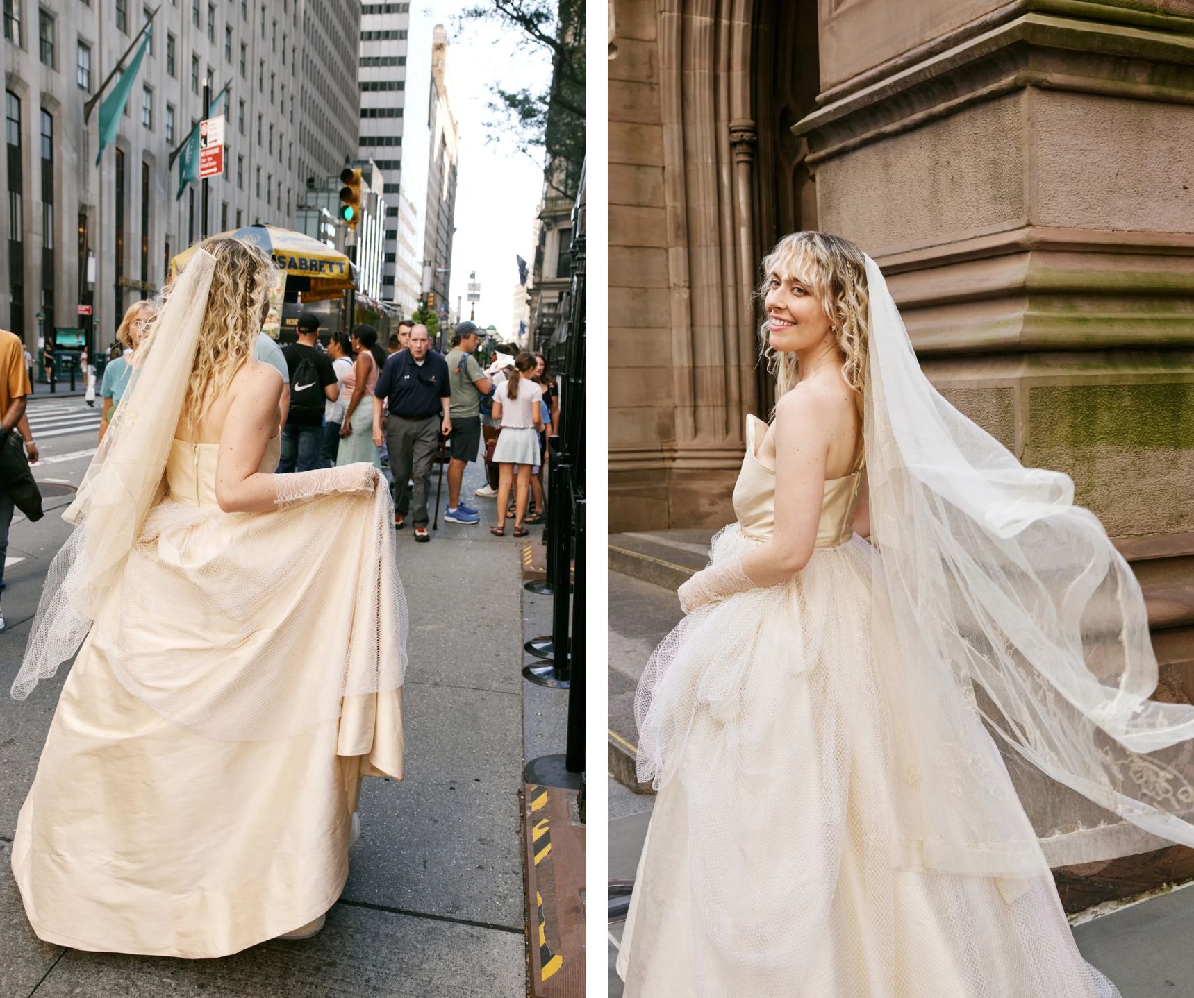 De bruid in de straten van New York in haar bruidsjurk.