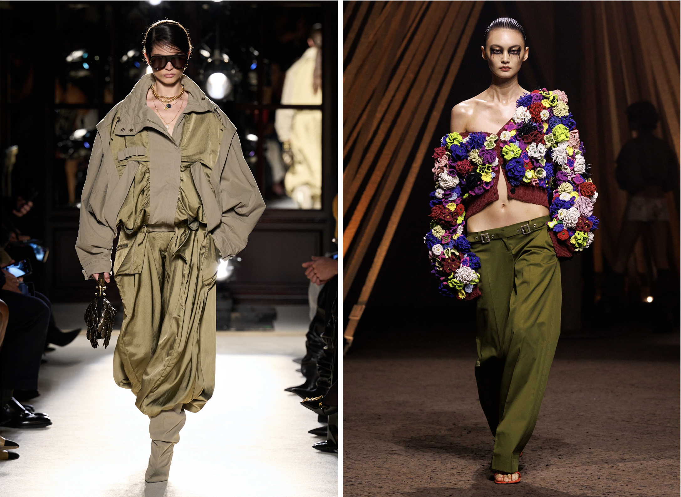 Olijfgroene broeken op de lente/zomer 2026 catwalks van Balmain en Alexander McQueen
