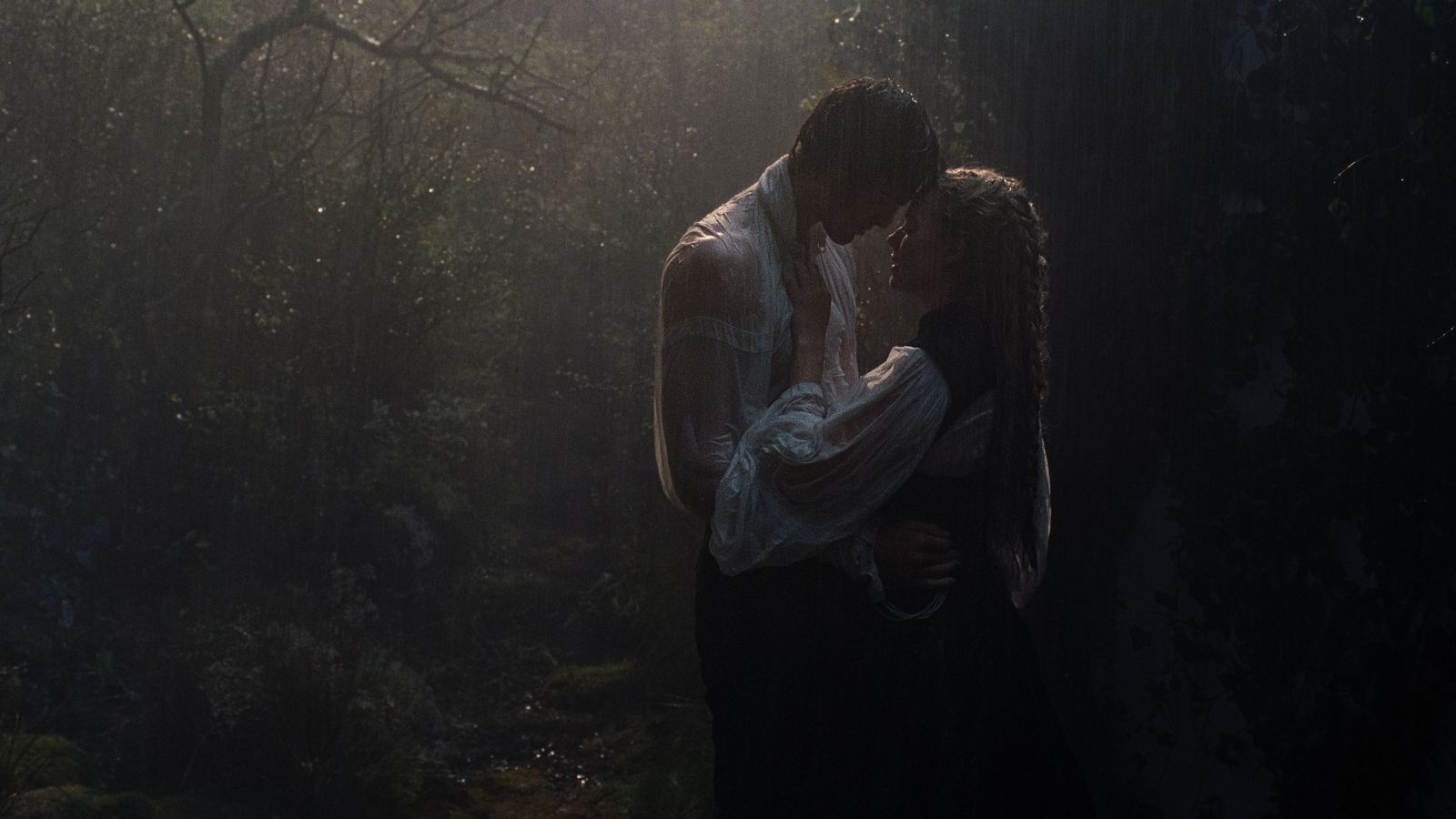 Heathcliffe en Cathy uit Wuthering Heights in het bos