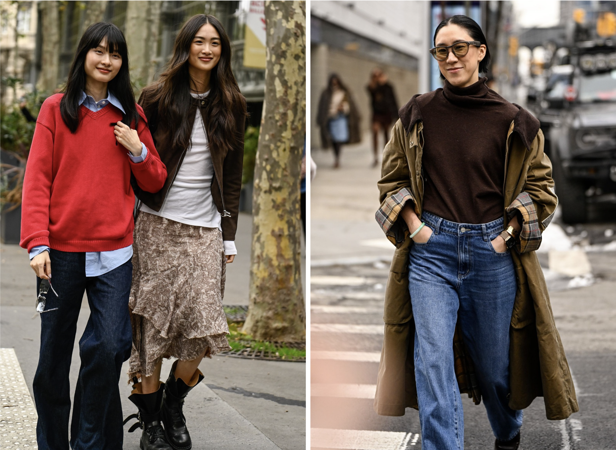 Streetstyle beelden van de jeans-met-trui-combinatie, zoals gezien op de catwalk.