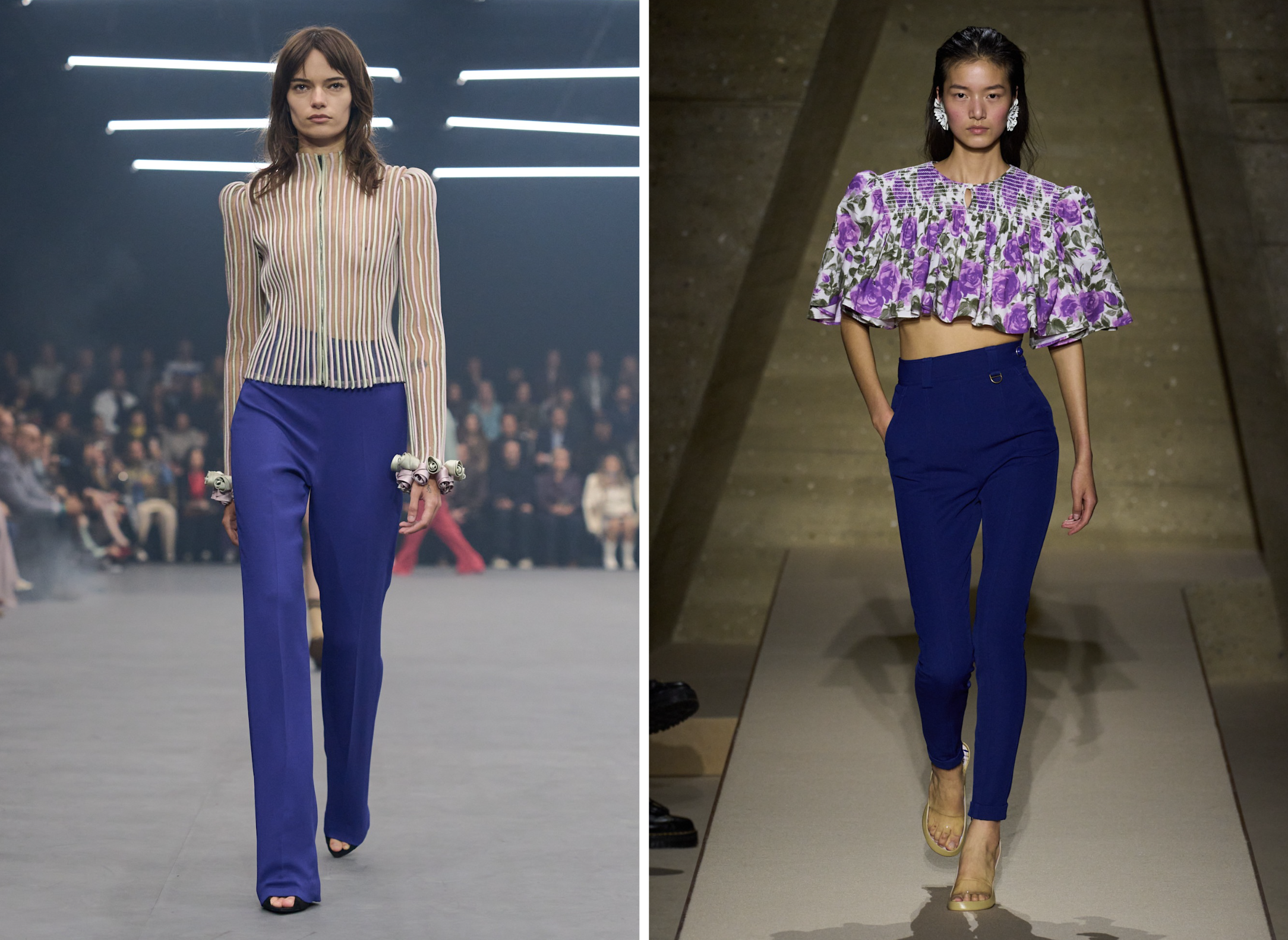 Kobaltblauwe broeken op de lente/zomer 2026 catwalks van Valentino en Chloé