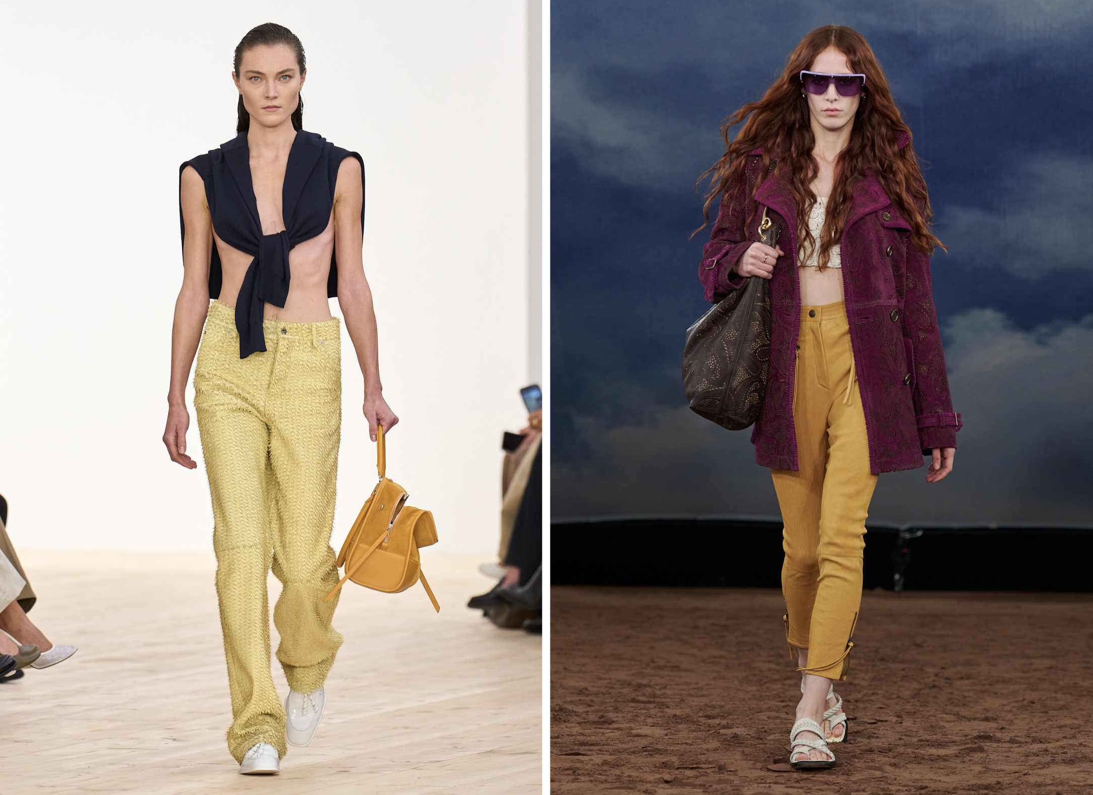 Gele broeken bij de lente/zomer 2026 collecties van Loewe en Burberry