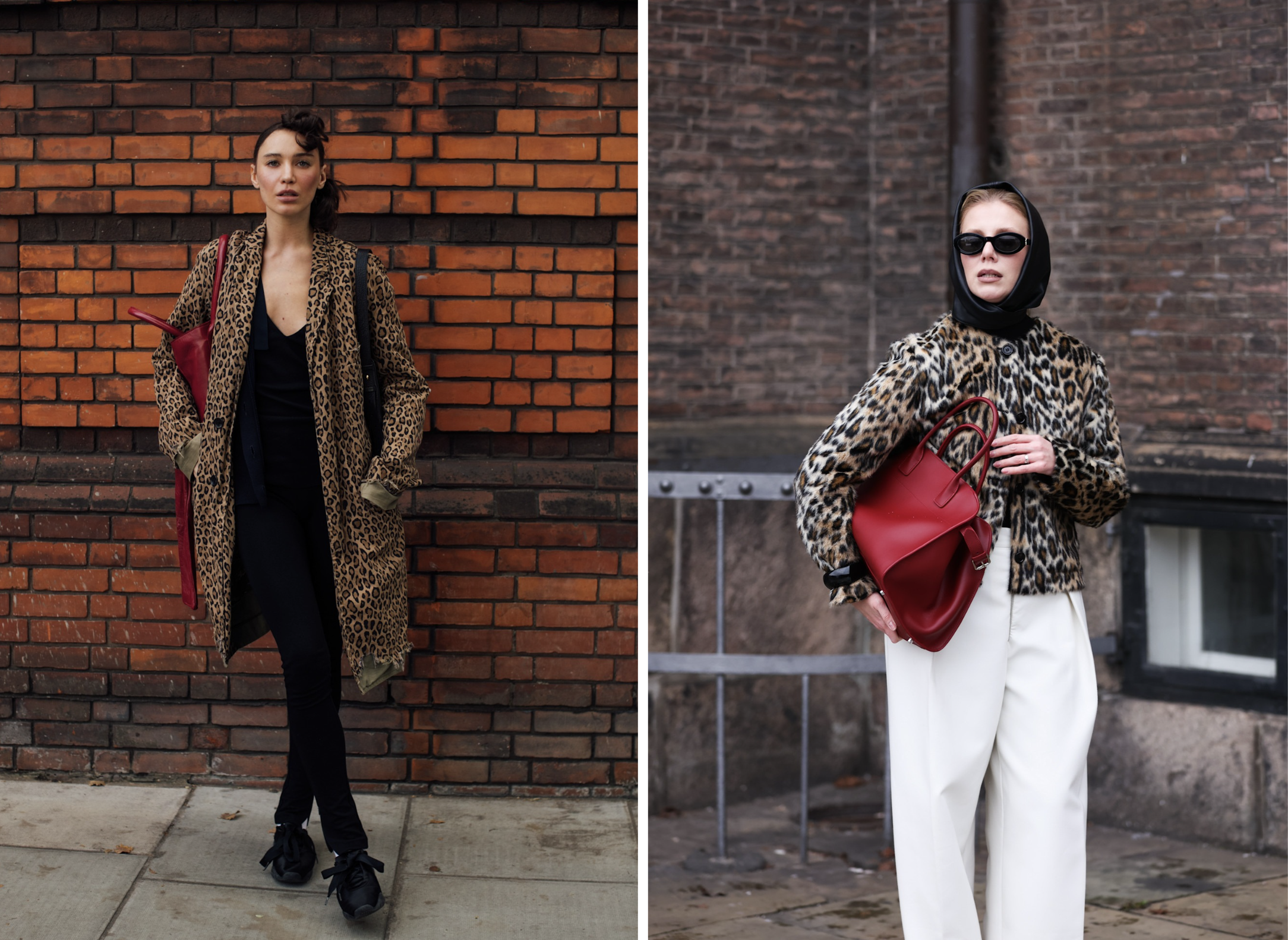Rode accenten met panter-jassen in de streetstyle