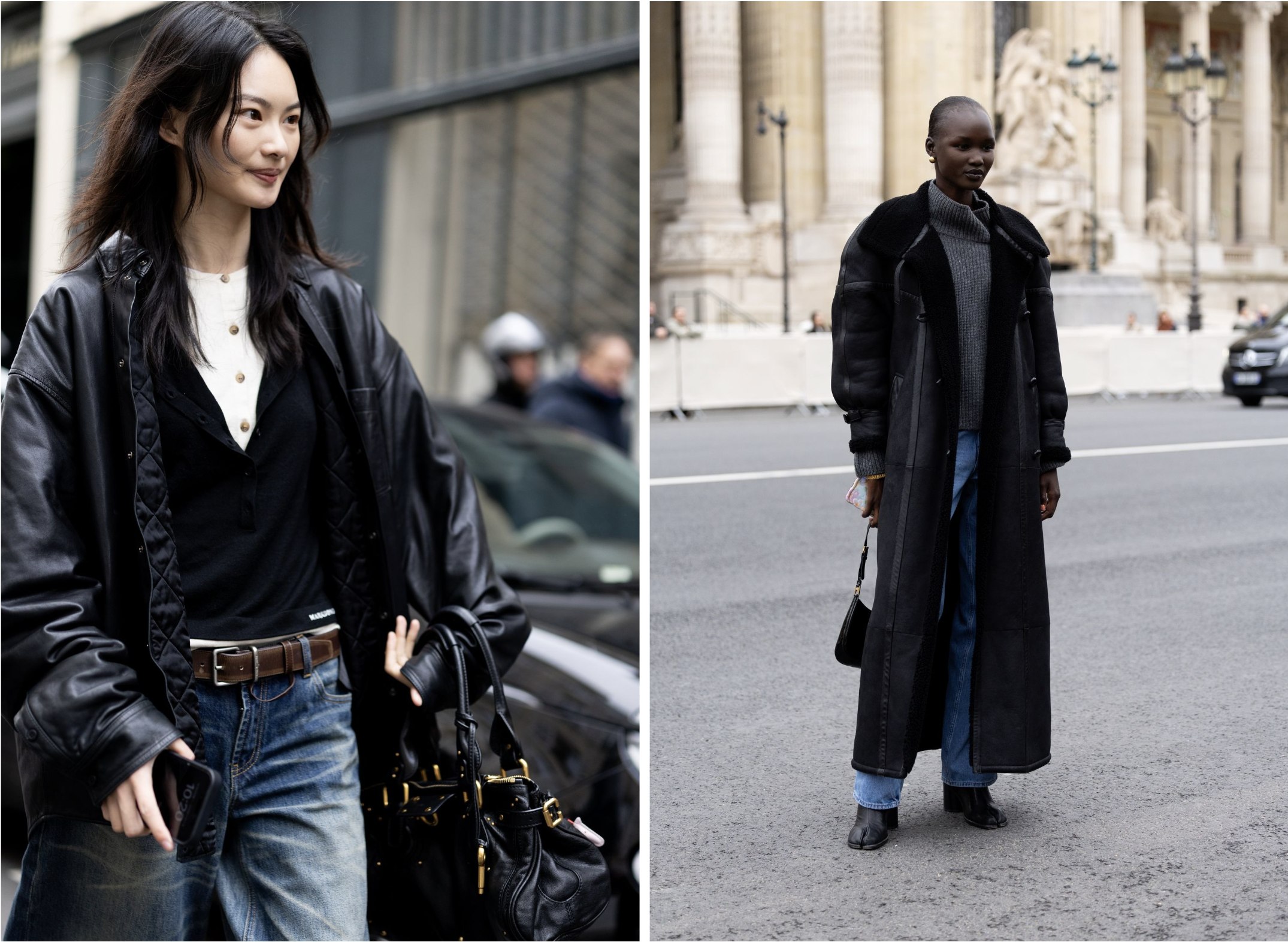 Streetstyle beelden van de jeans-met-trui-combinatie.