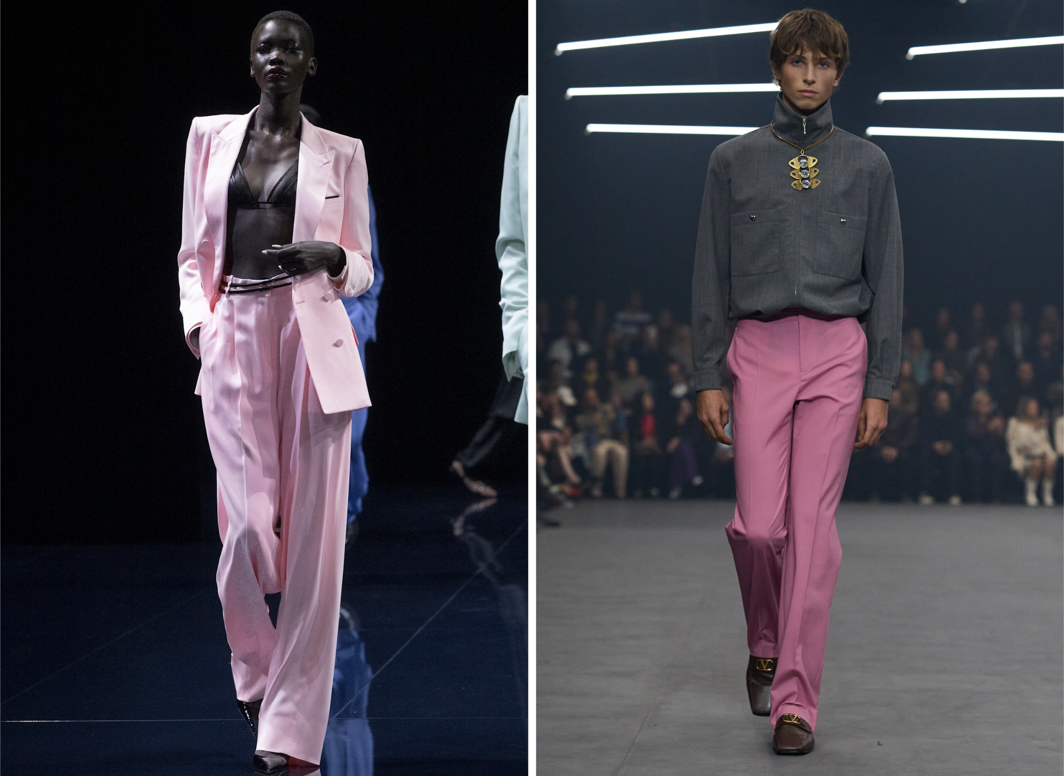 Roze broeken bij de lente/zomer 2026 collecties van Tom Ford en Valentino