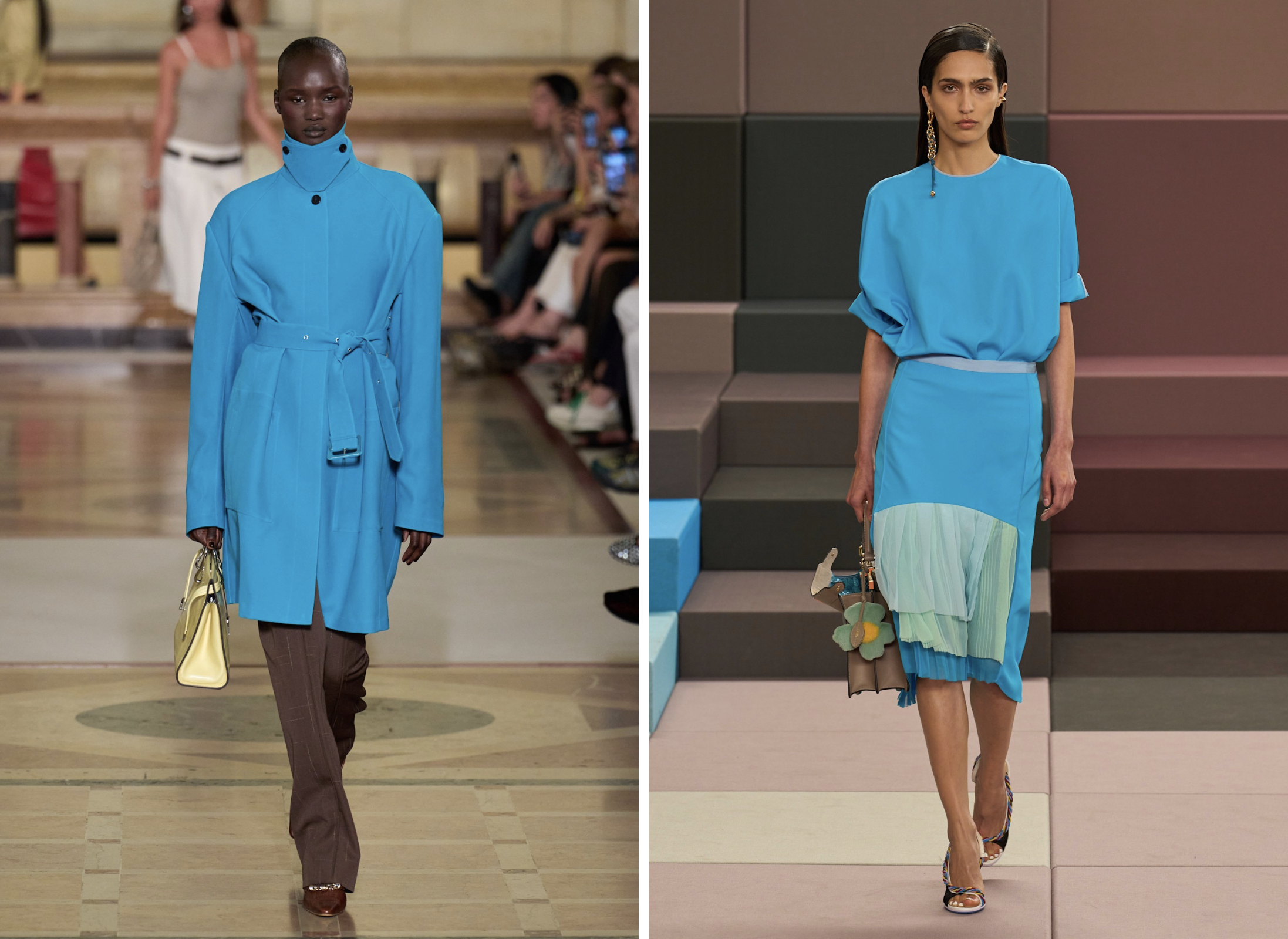 Hemelsblauw bij Tory Burch lente/zomer 2026 (links) en Fendi lente/zomer 2026