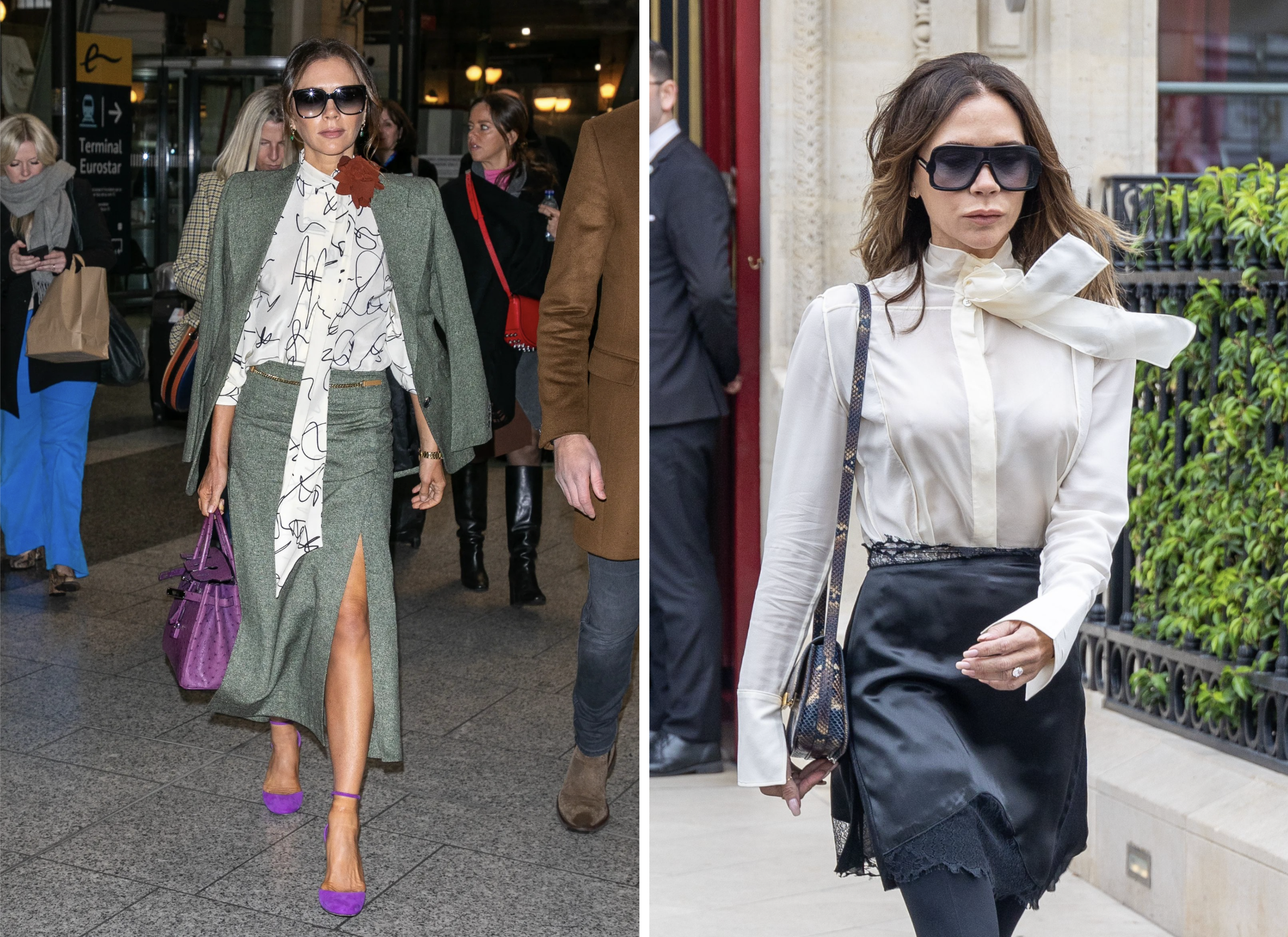 Victoria Beckham twee keer gespot in een pussy bow blouse