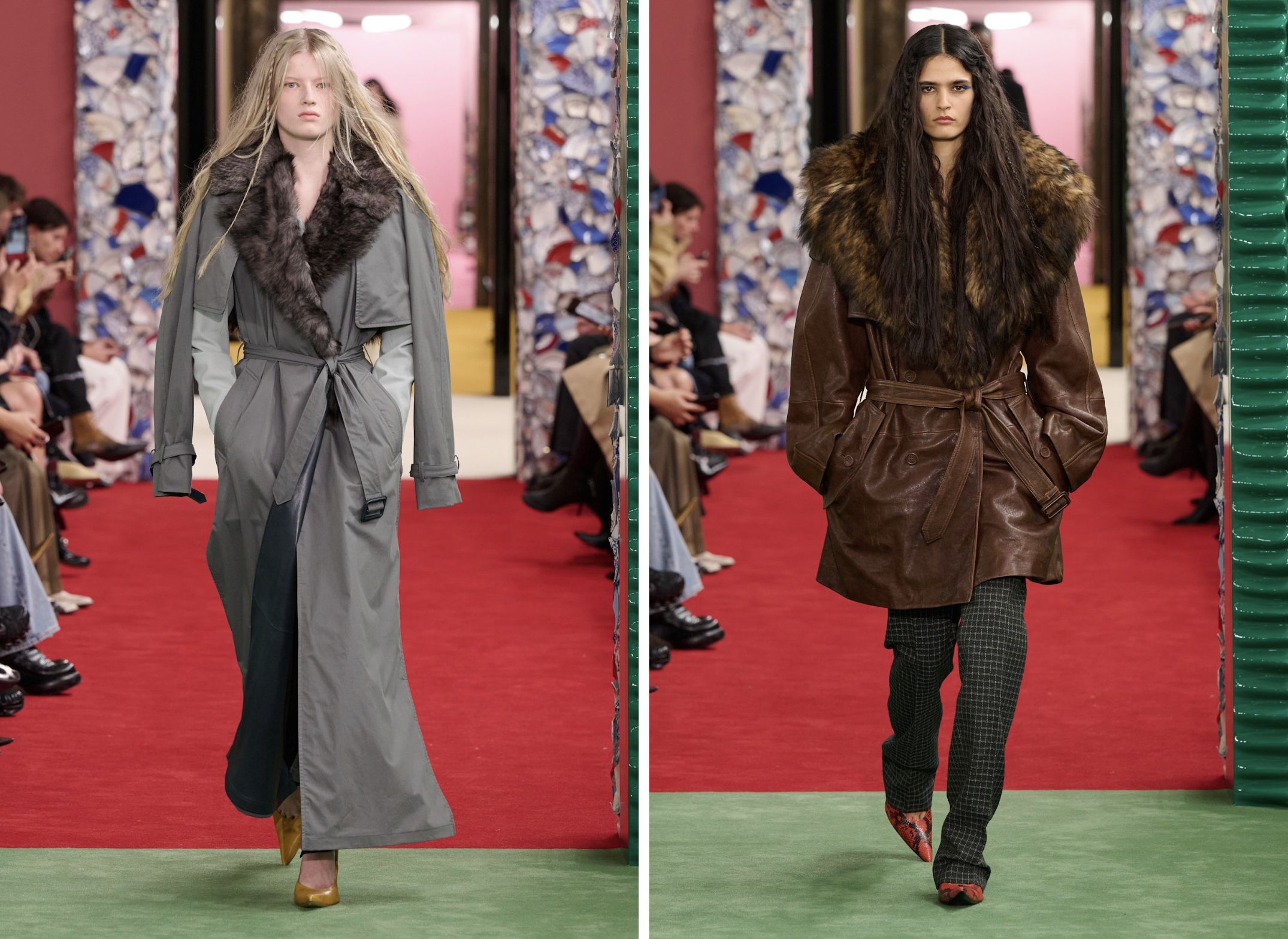 Faux fur-bontkraag op de herfst/winter 2026 catwalk van Acne Studios