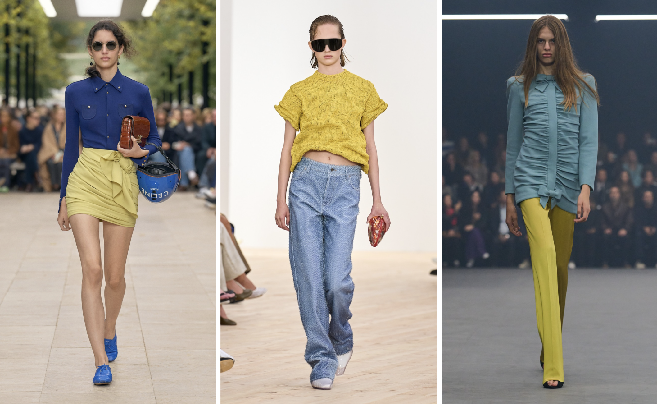 Geel en blauw bij de lente/zomer 2026-collecties van Celine, Loewe en Valentino
